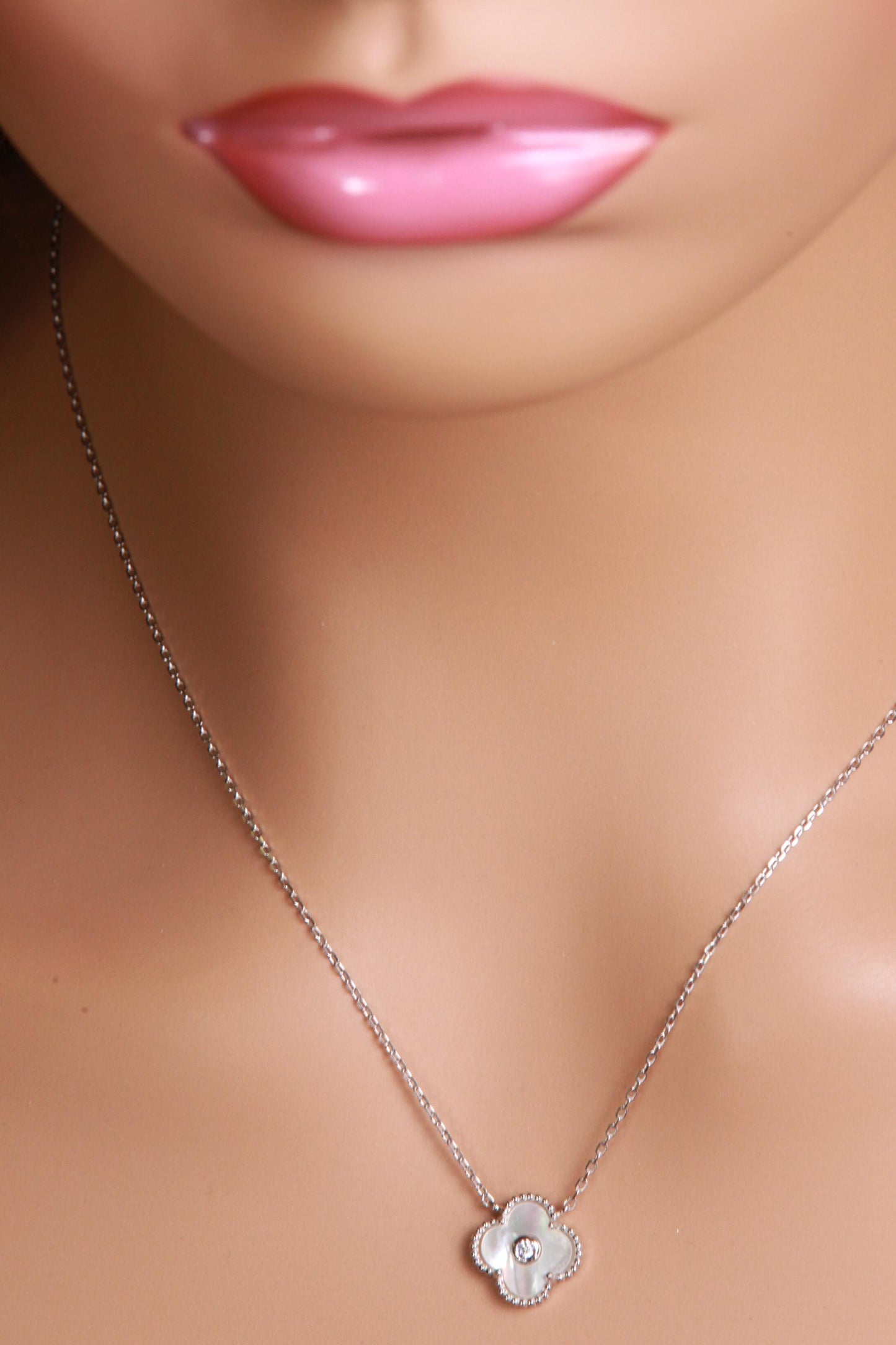 925 Sterling Silver White Mother of Pearl and CZ Diamond Clover Charm Necklace, Love Faith, Hope & love gift