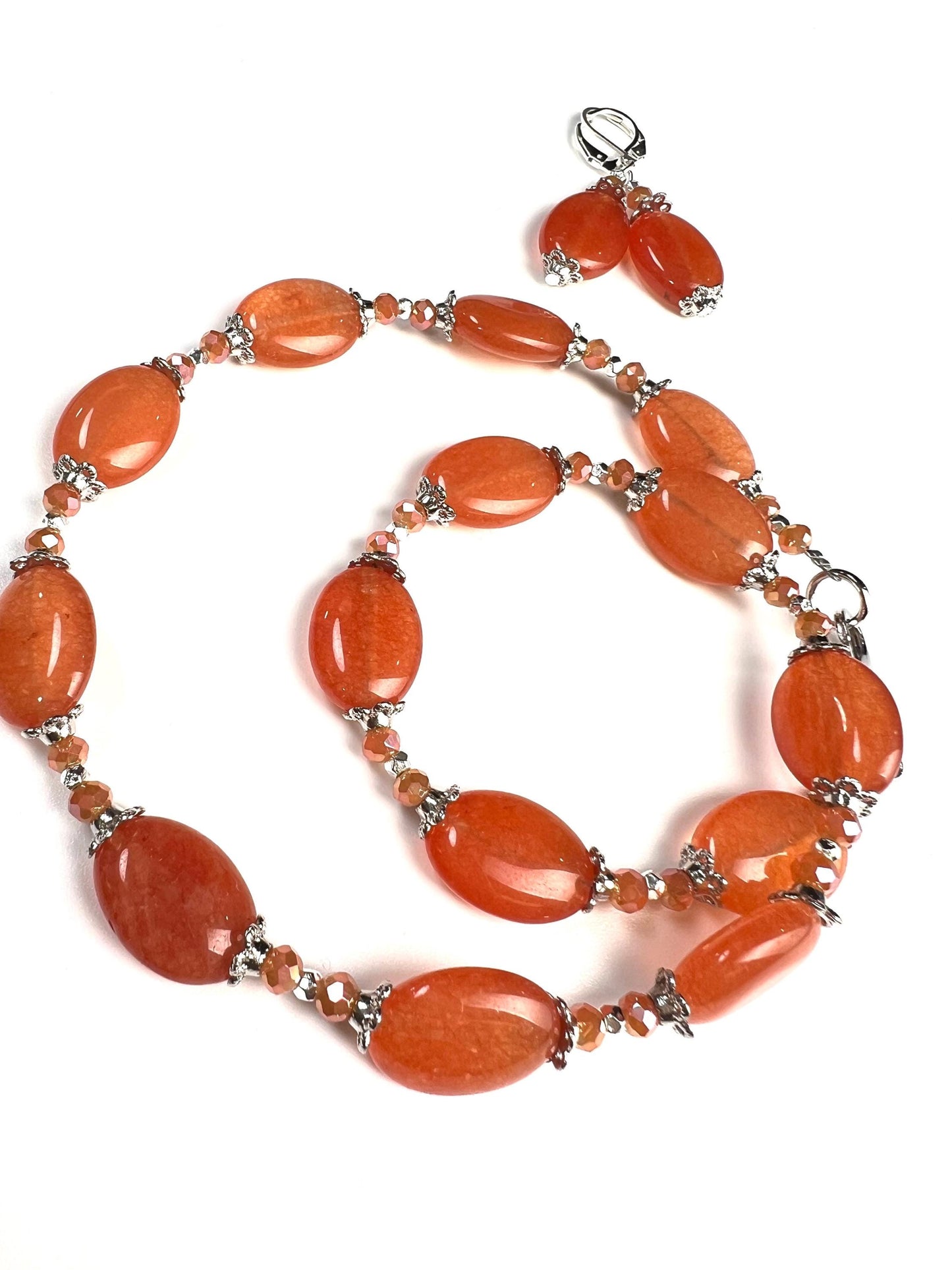 Natural Red Aventurine Peach aventurine 12x16mm oval Gemstones with Bali Style Spacers, peachy orange beads silver Necklace earrings set