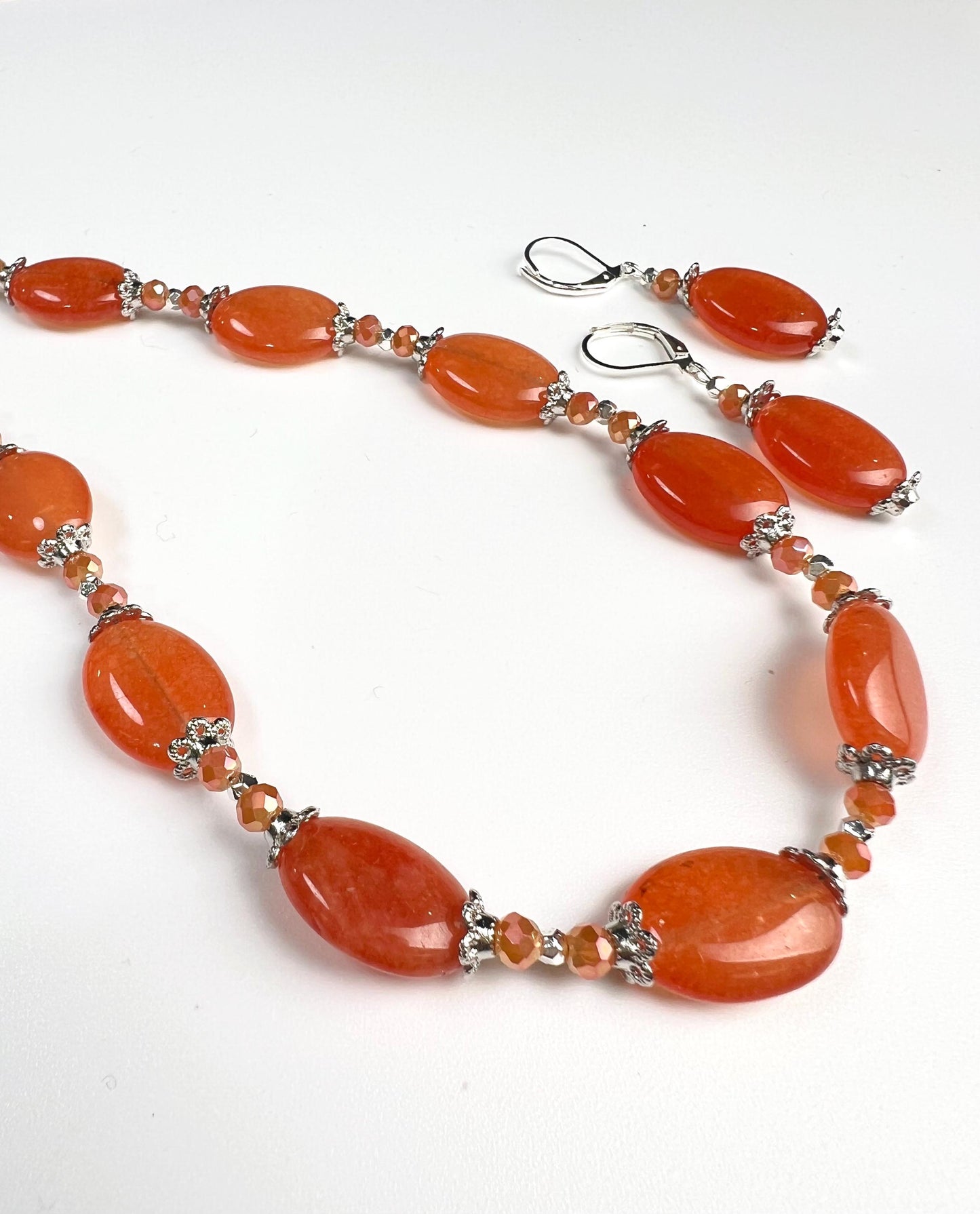 Natural Red Aventurine Peach aventurine 12x16mm oval Gemstones with Bali Style Spacers, peachy orange beads silver Necklace earrings set