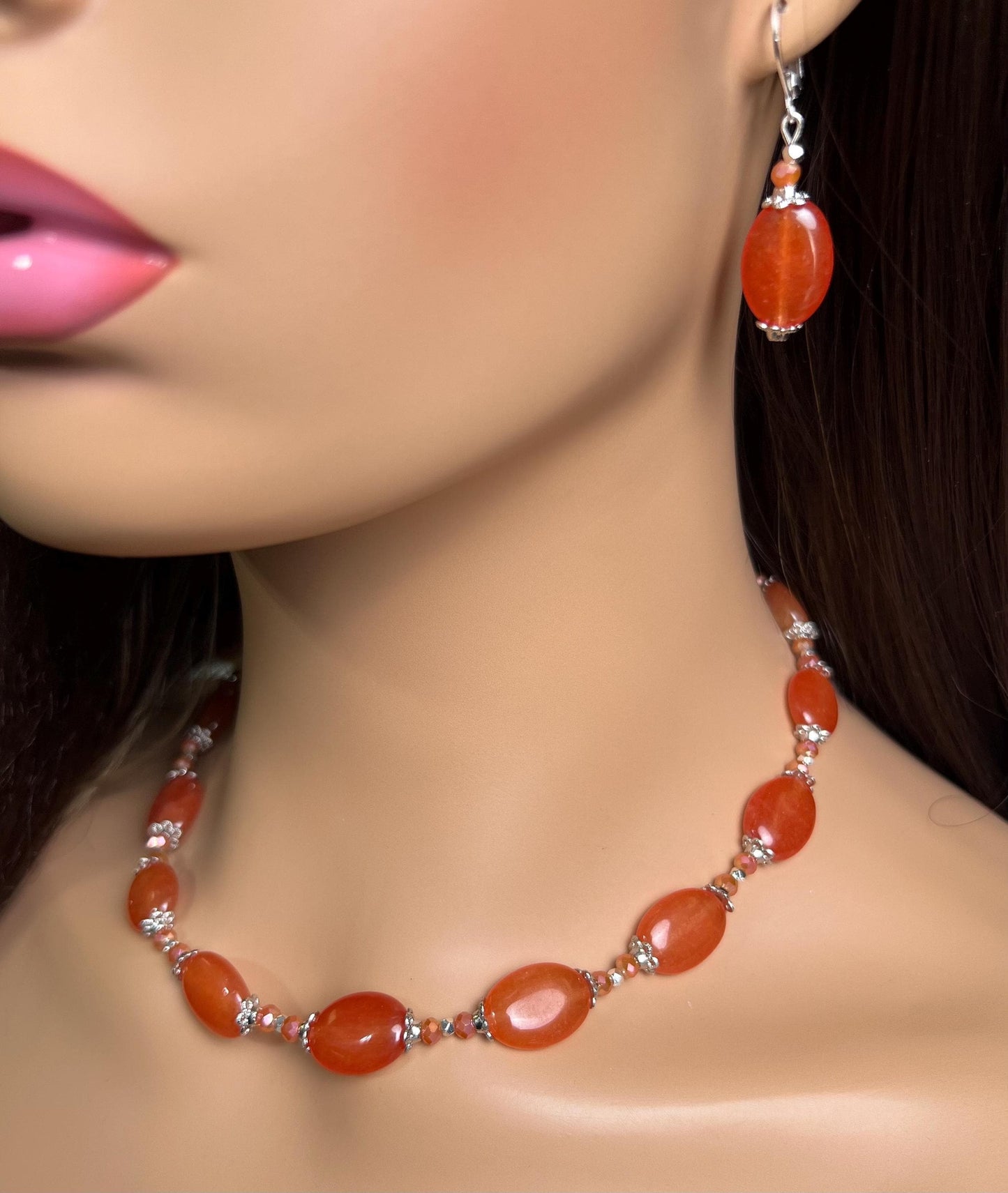 Natural Red Aventurine Peach aventurine 12x16mm oval Gemstones with Bali Style Spacers, peachy orange beads silver Necklace earrings set