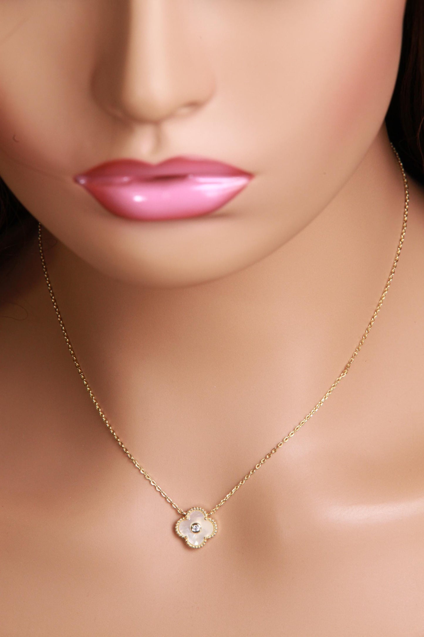22K Gold Vermeil over 925 Sterling Silver White Mother of Pearl and CZ Diamond Clover Charm Necklace, Love Faith Hope & love gift