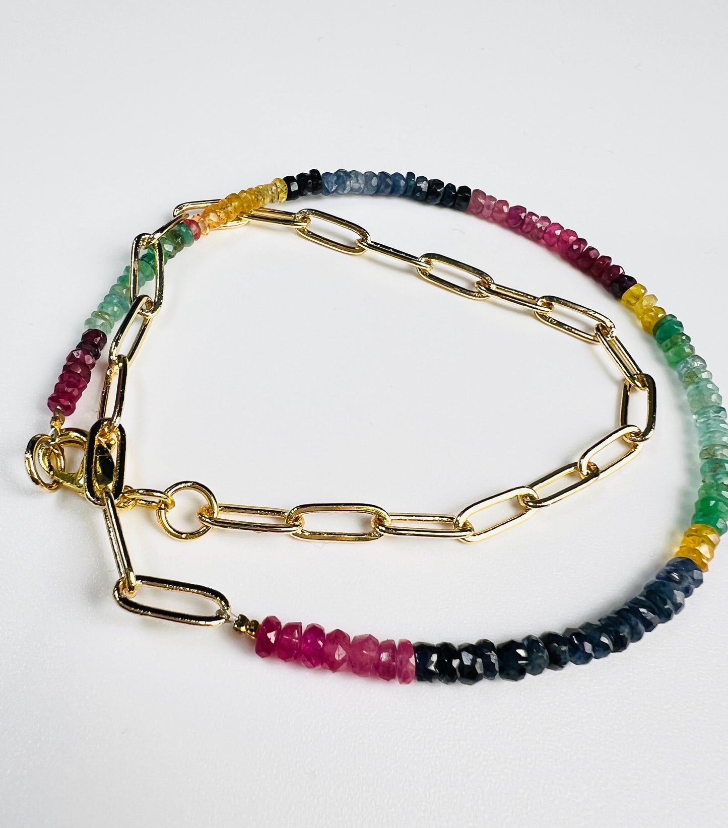 Natural Multi Sapphire Ruby Emeral beaded with 18k Gold Vetmeil Paper clip chain gold necklace Resistance Unity necklace