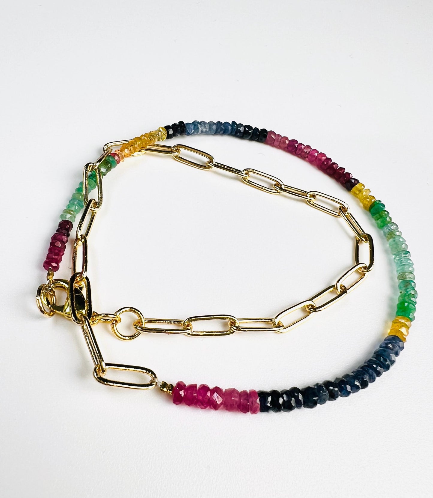 Natural Multi Sapphire Ruby Emeral beaded with 18k Gold Vetmeil Paper clip chain gold necklace Resistance Unity necklace