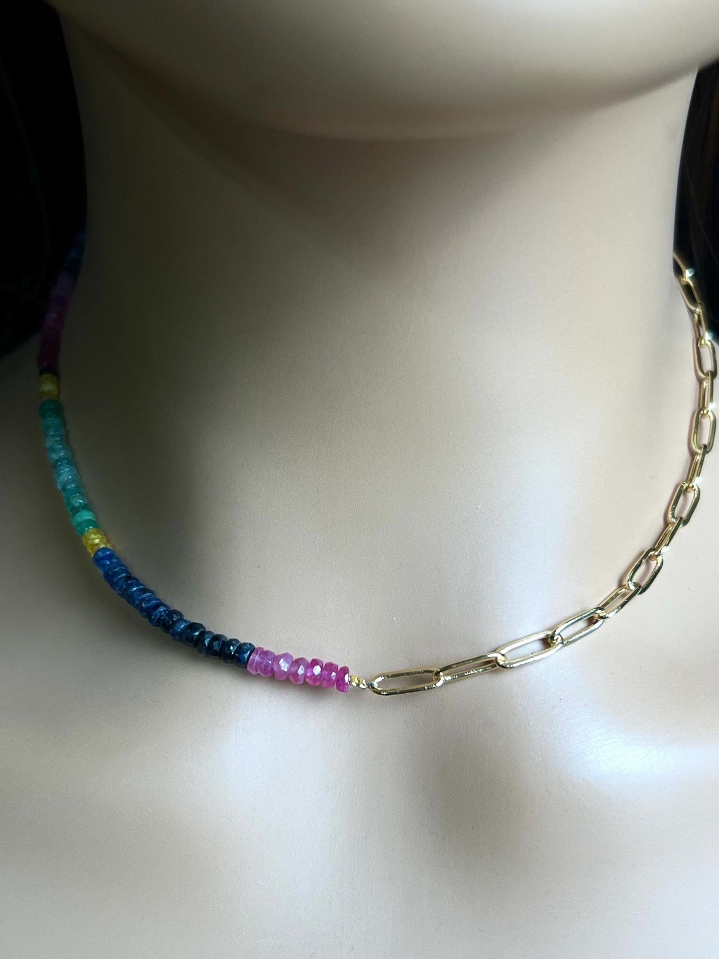 Natural Multi Sapphire Ruby Emeral beaded with 18k Gold Vetmeil Paper clip chain gold necklace Resistance Unity necklace