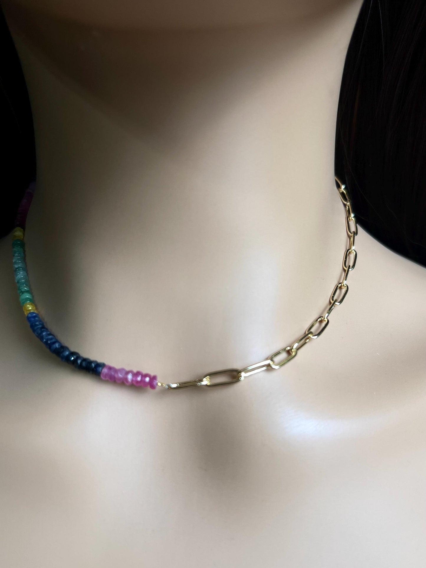 Natural Multi Sapphire Ruby Emeral beaded with 18k Gold Vetmeil Paper clip chain gold necklace Resistance Unity necklace