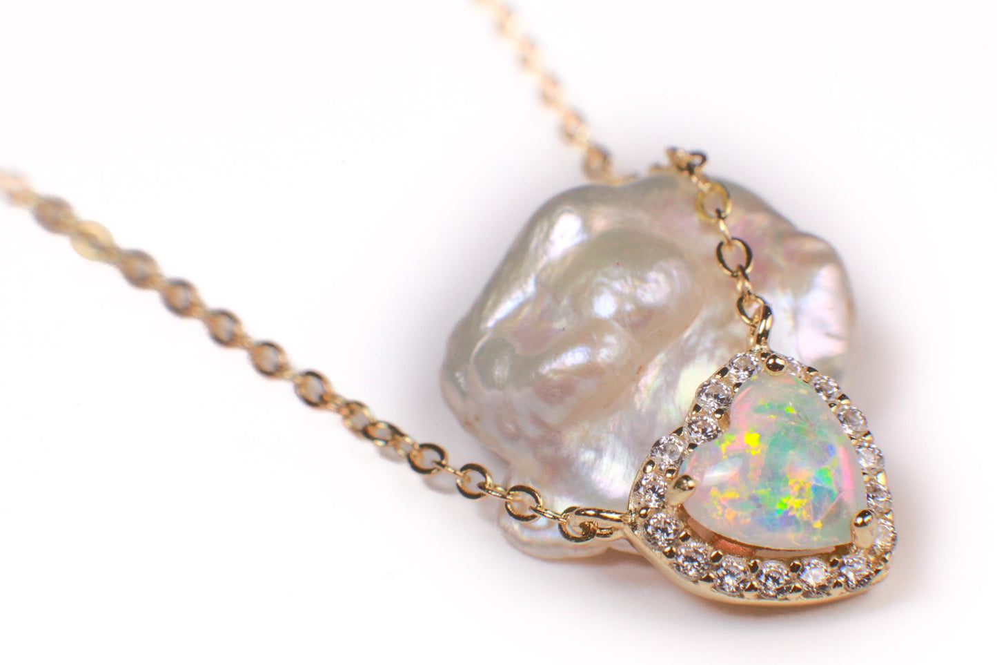Genuine Ethiopian Fire Opal, Welo Opal Heart CZ diamond Pendant Necklace in 22K Gold Vermeil 925 Sterling Silver Necklace AAA Quality