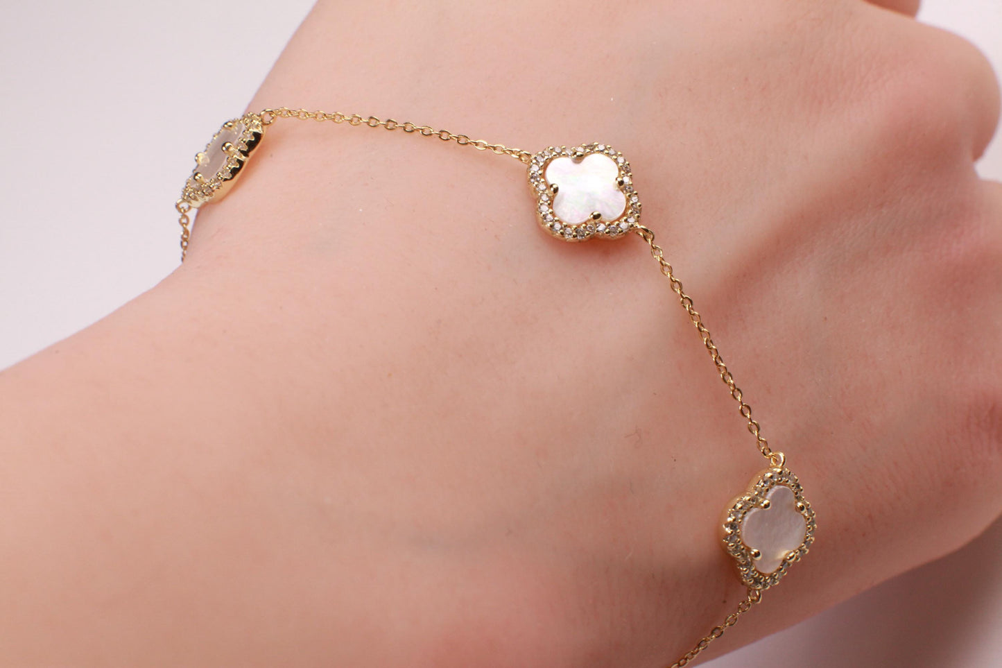 22k Gold Vermeil over 925 Sterling Silver Mother of Pearl Flower Charm CZ Adjustable 7”to 8.25" Gold Bracelet