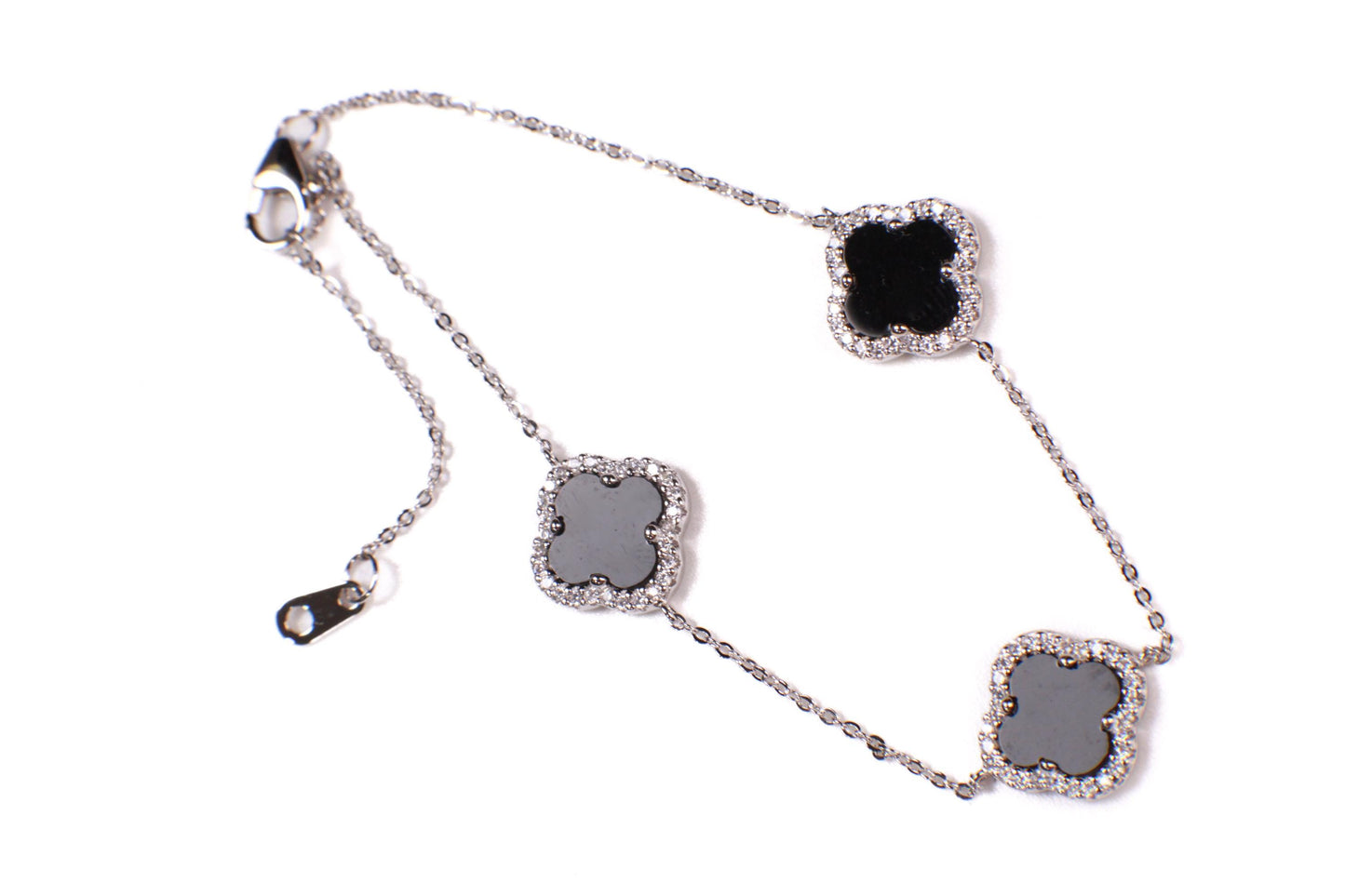 925 Sterling Silver Black Onyx four leaf Flower Charm CZ diamond setting Adjustable 7”to 8.25" Silver Bracelet, Love charm