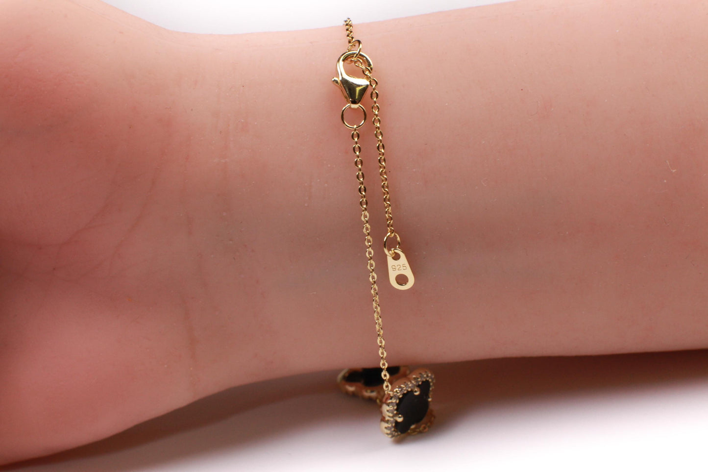 22K Gold Vermeil over 925 Sterling Silver Black Onyx Flower Charm CZ Adjustable 7”to 8.25" Silver Bracelet, Love unity Good luck charm