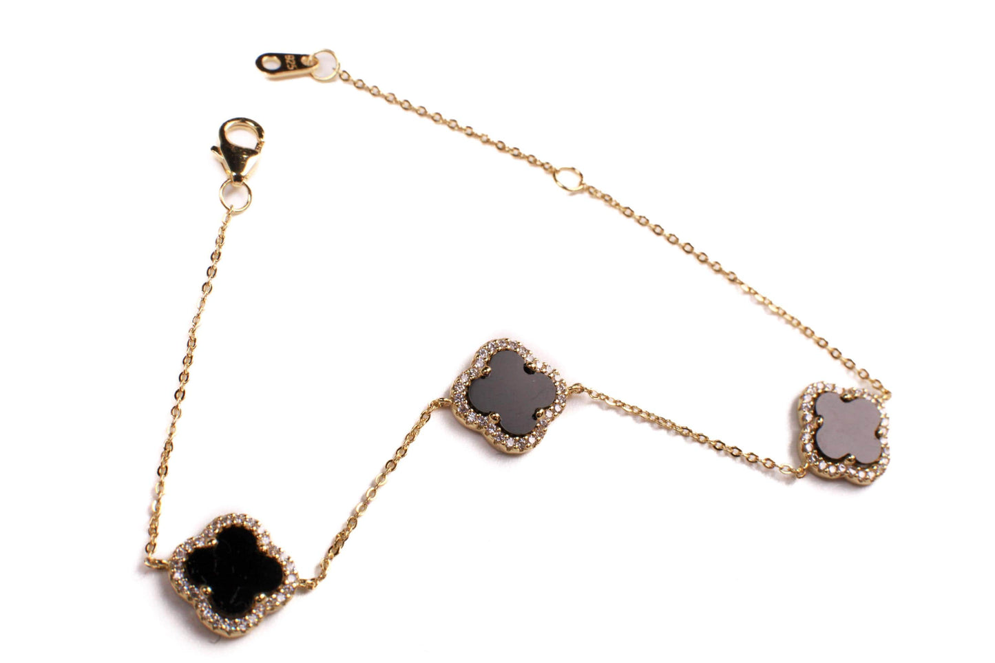 22K Gold Vermeil over 925 Sterling Silver Black Onyx Flower Charm CZ Adjustable 7”to 8.25" Silver Bracelet, Love unity Good luck charm