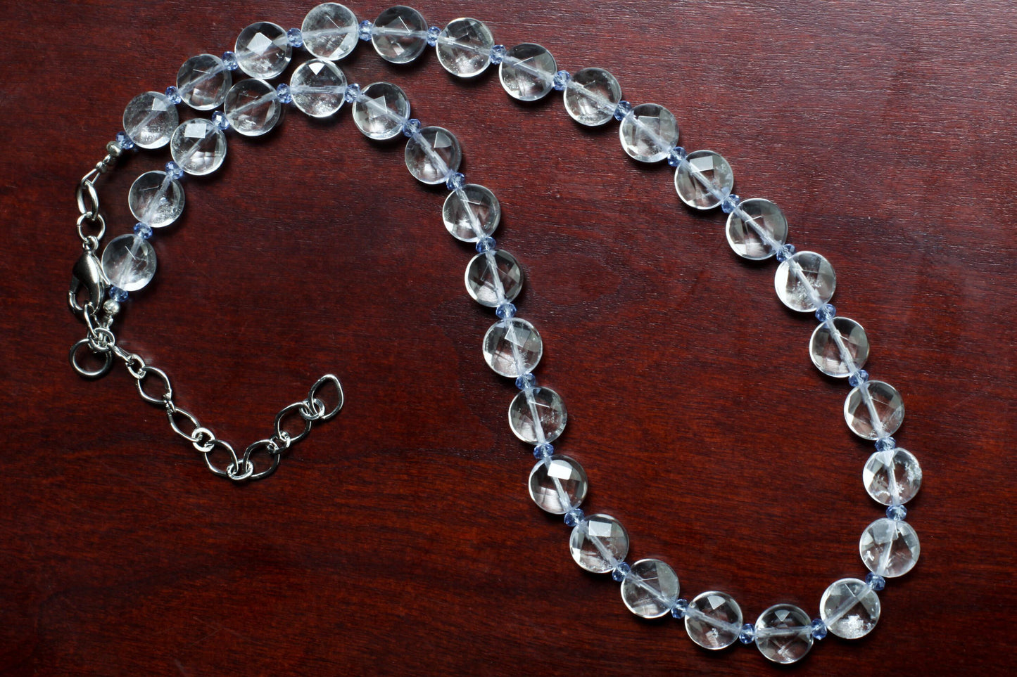 Aquamarine Quartz Faceted 10mm Coin Shape Accented with Crystal Spacers Beads 16” Necklace with 3" Extension Chain