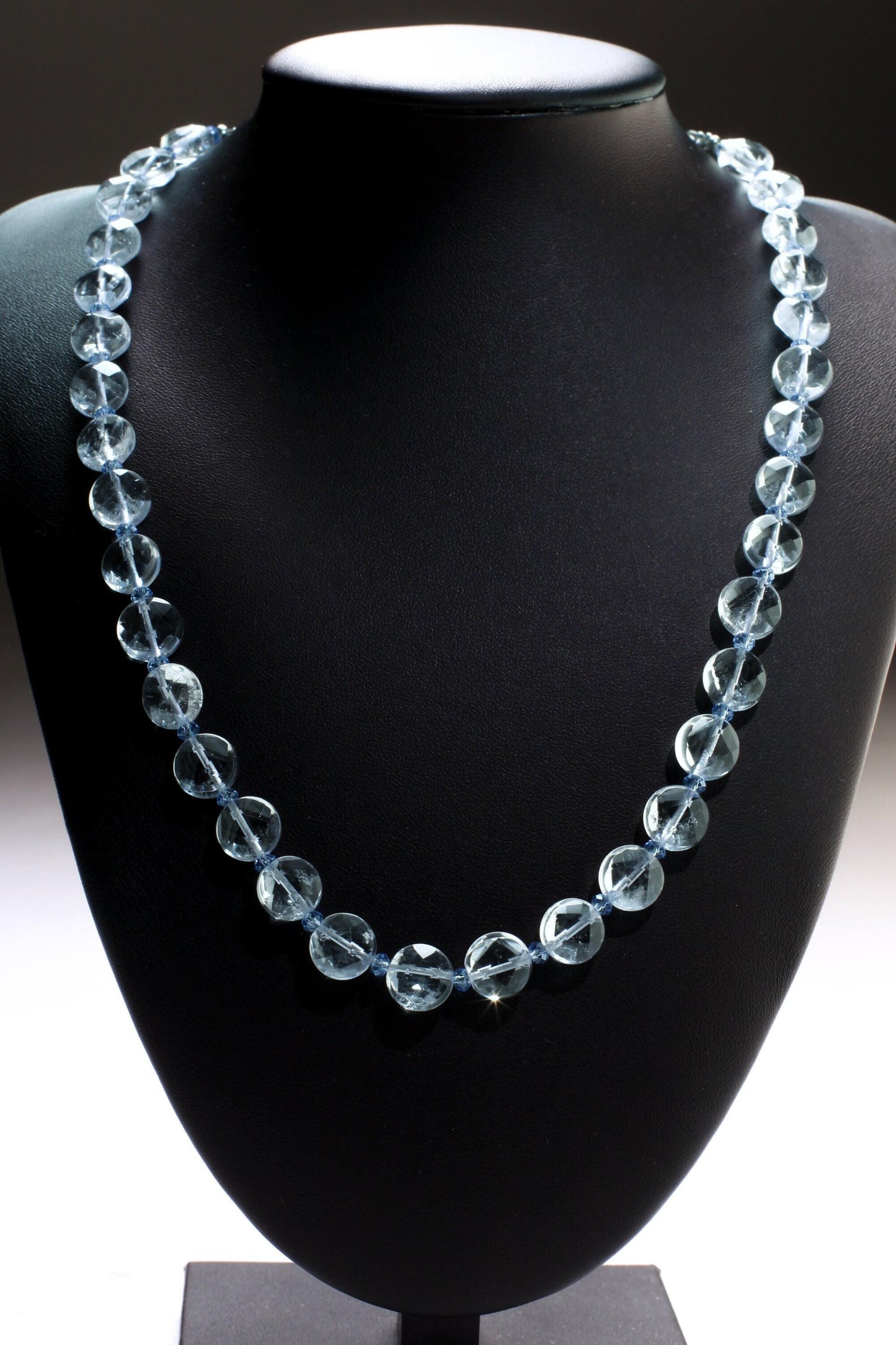 Aquamarine Quartz Faceted 10mm Coin Shape Accented with Crystal Spacers Beads 16” Necklace with 3" Extension Chain
