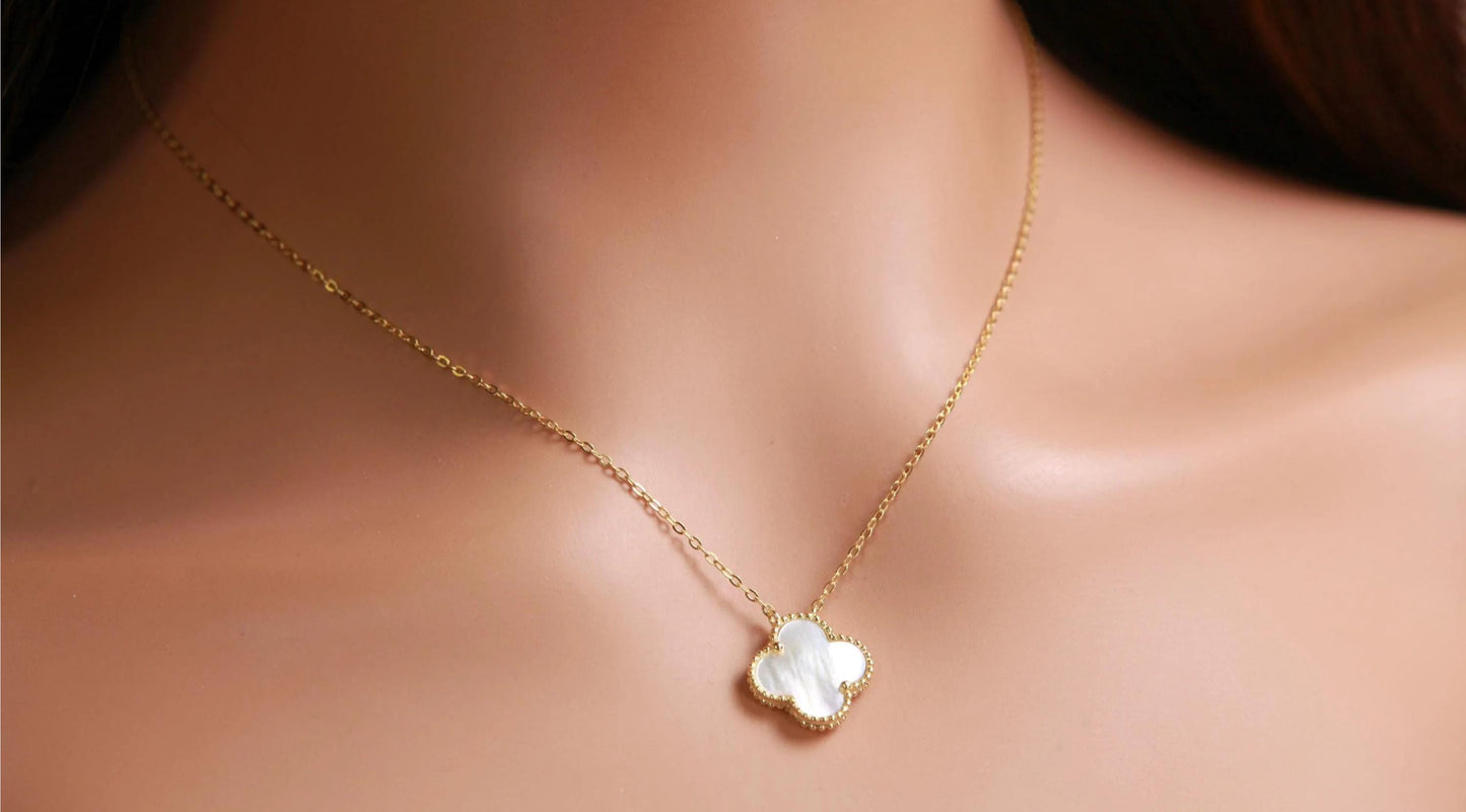 22K Gold Vermeil Sterling Silver White Mother of Pearl Double Sided 16mm four leaf Flower Charm 16” extend to 17” and 18” Necklace, Love