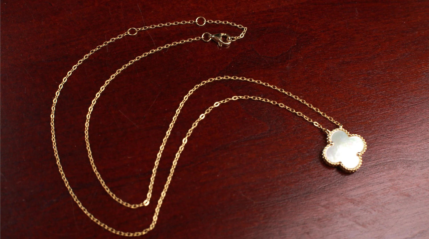 22K Gold Vermeil Sterling Silver White Mother of Pearl Double Sided 16mm four leaf Flower Charm 16” extend to 17” and 18” Necklace, Love