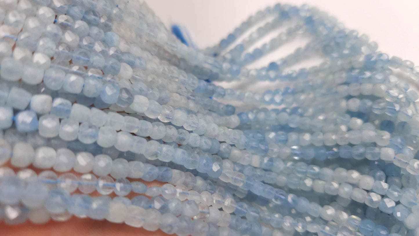 Natural Aquamarine Gemstone Sky Blue Faceted 4mm Square Cube Shape, shaded Aquamarine, Jewelry Making 12" strand.High quality