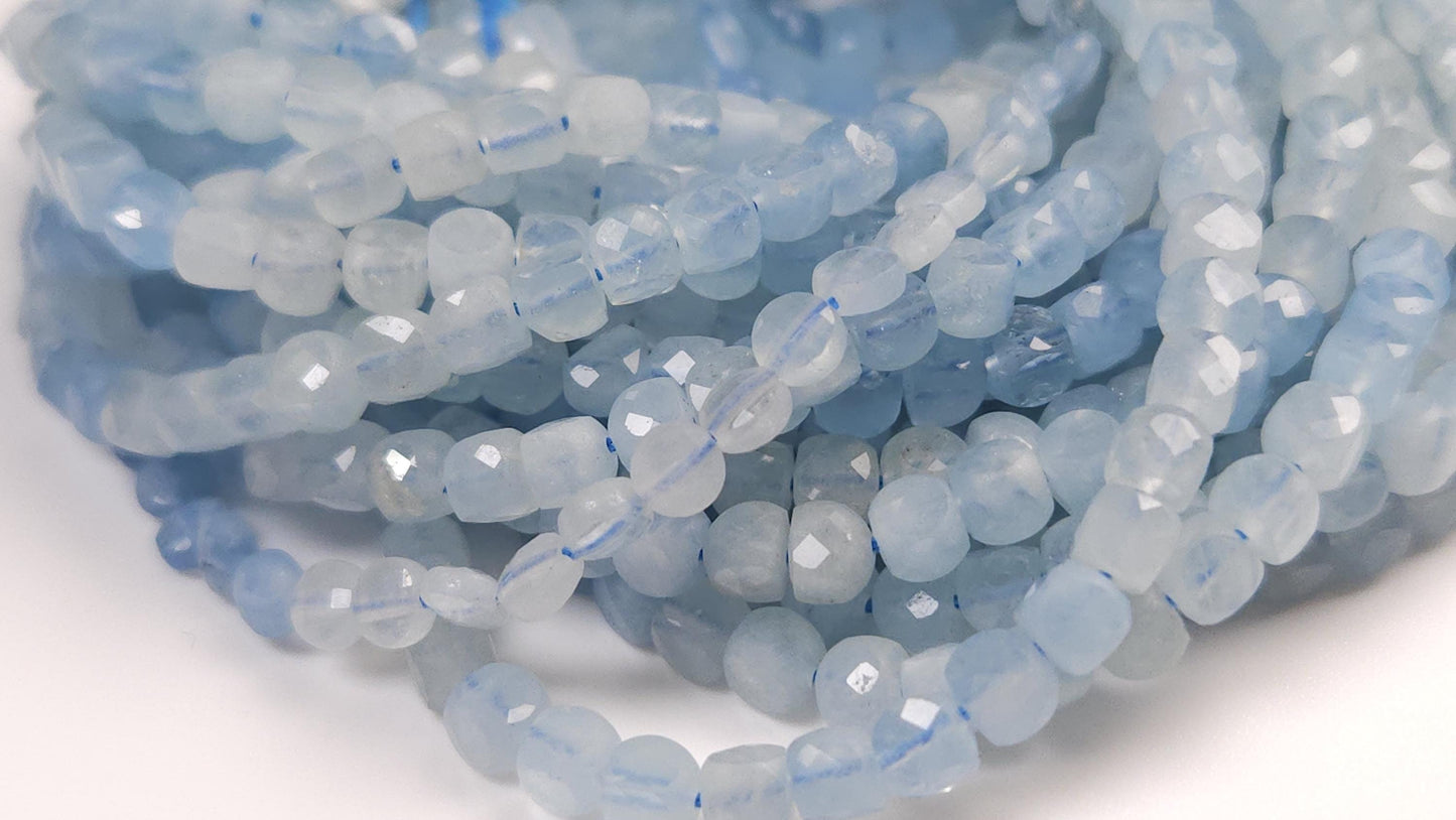 Natural Aquamarine Gemstone Sky Blue Faceted 4mm Square Cube Shape, shaded Aquamarine, Jewelry Making 12" strand.High quality
