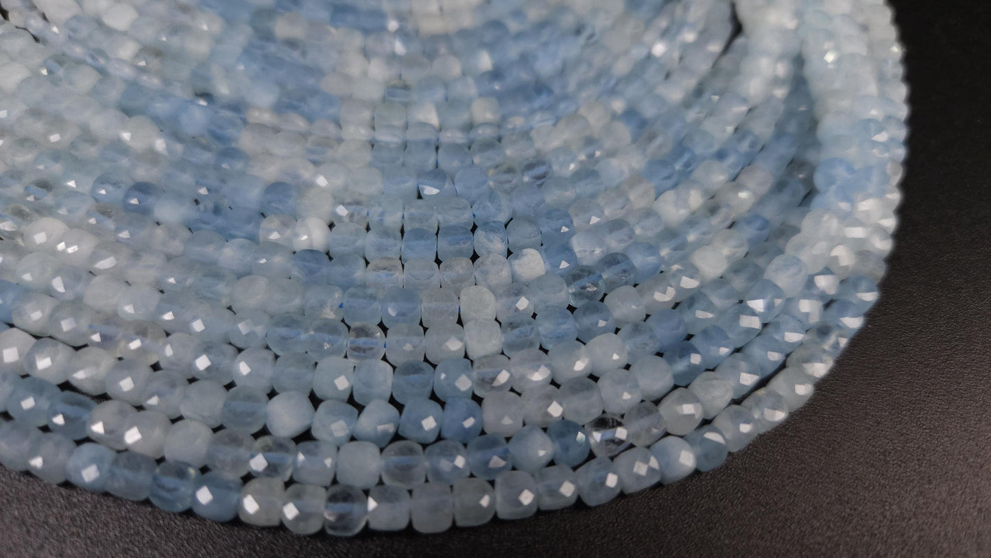 Natural Aquamarine Gemstone Sky Blue Faceted 4mm Square Cube Shape, shaded Aquamarine, Jewelry Making 12" strand.High quality