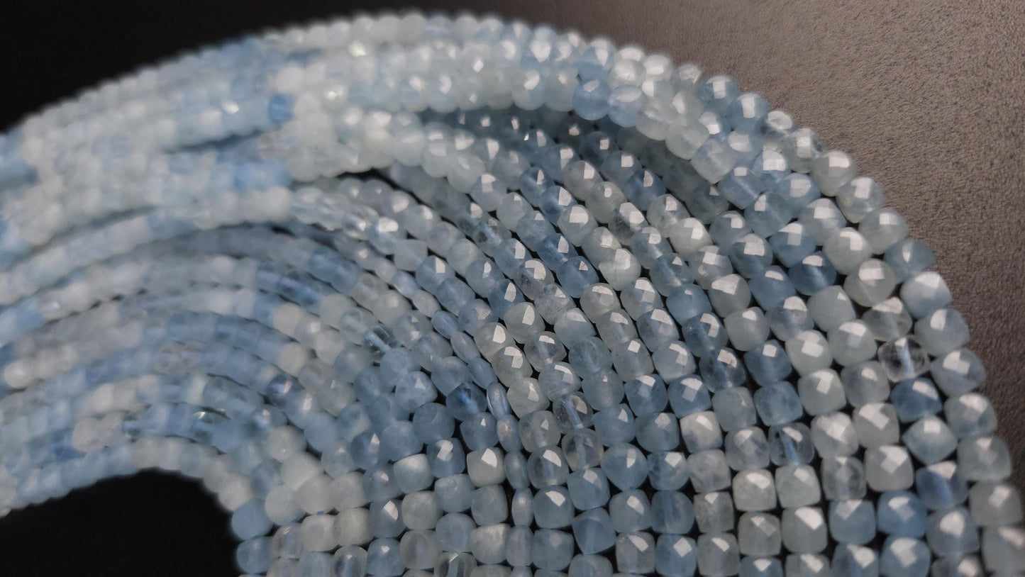 Natural Aquamarine Gemstone Sky Blue Faceted 4mm Square Cube Shape, shaded Aquamarine, Jewelry Making 12" strand.High quality