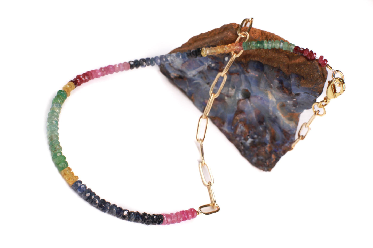 Half gems half chain Necklace. Natural Multi Sapphire Ruby Emerald with 18k Gold Vermeil Paper clip chain gold necklace Resistance Unity