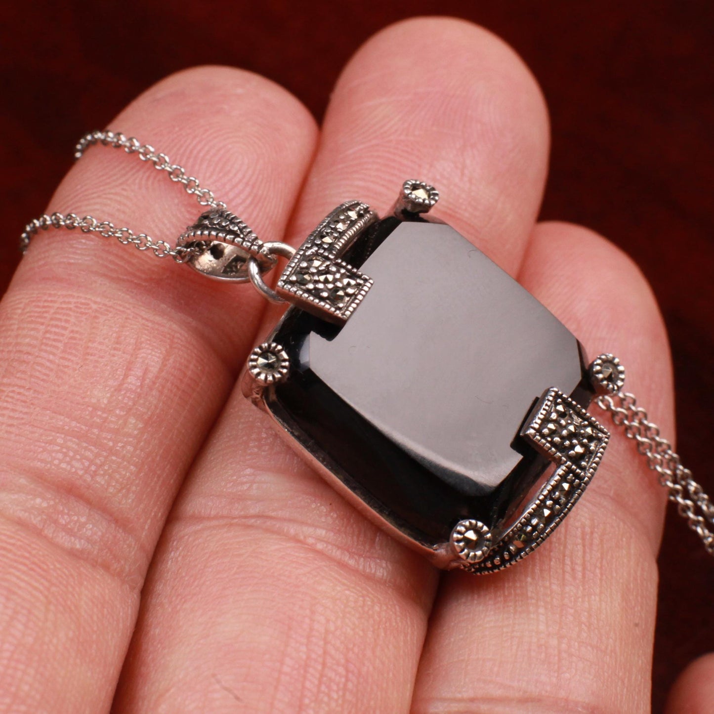 Vintage Marcasite and Black Onyx 925 Sterling Silver 22mm Square Pendant Necklace 925 Sterling Silver Chain, Vintage, Antique gift