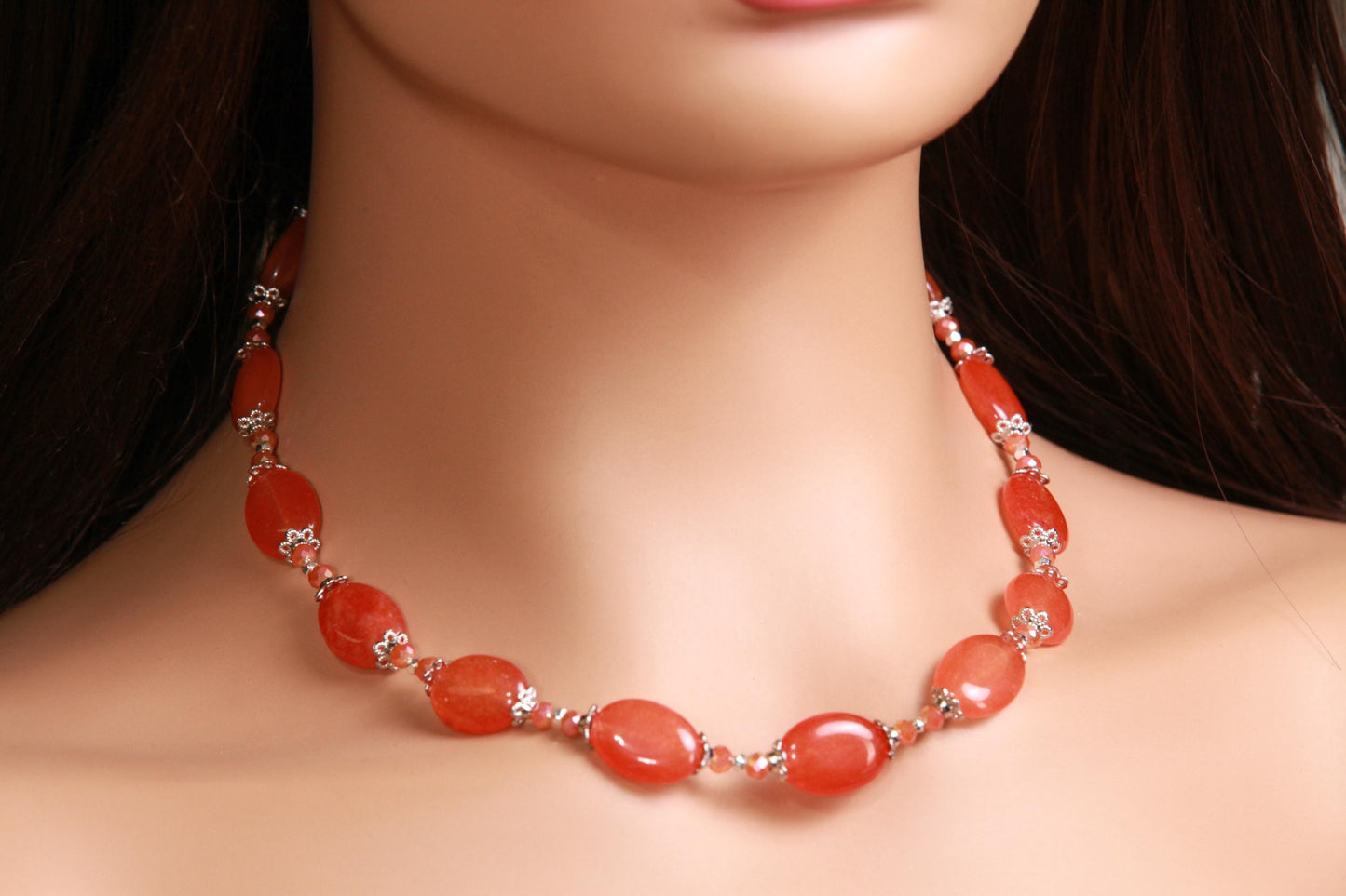 Natural Red Aventurine Peach aventurine 12x16mm oval Gemstones with Bali Style Spacers, peachy orange beads silver Necklace earrings set