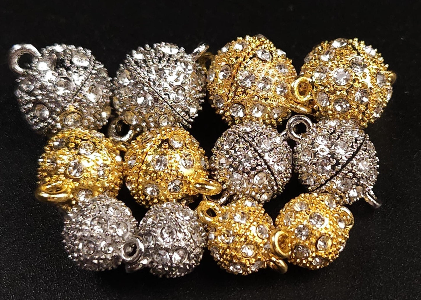 4 sets Silver, Gold 10,12,14mm Ball clasp with Rhinestone crystal setting, jewelry making Mag Ball clasp. 4 pcs sets