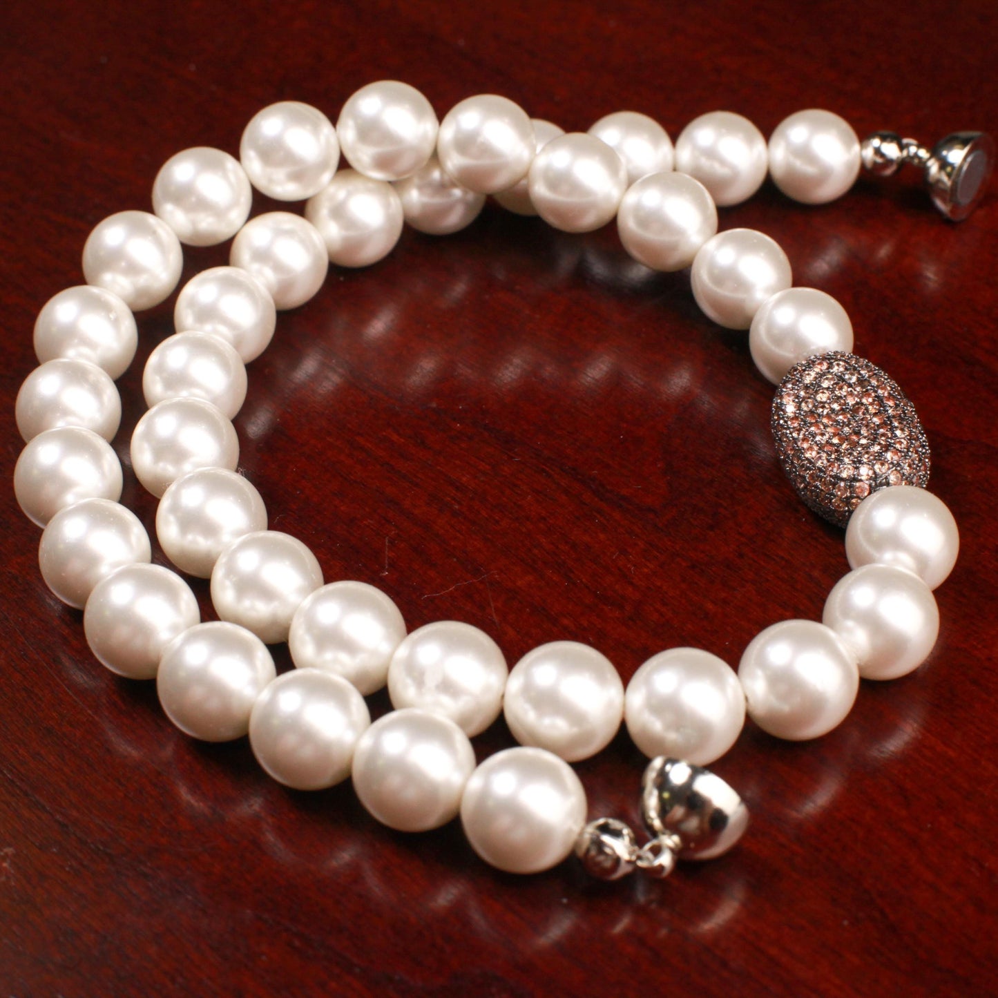 White South Seashell Pearl 10mm with Chocolate CZ Micro pave Diamond Oval Pendant Mag Necklace