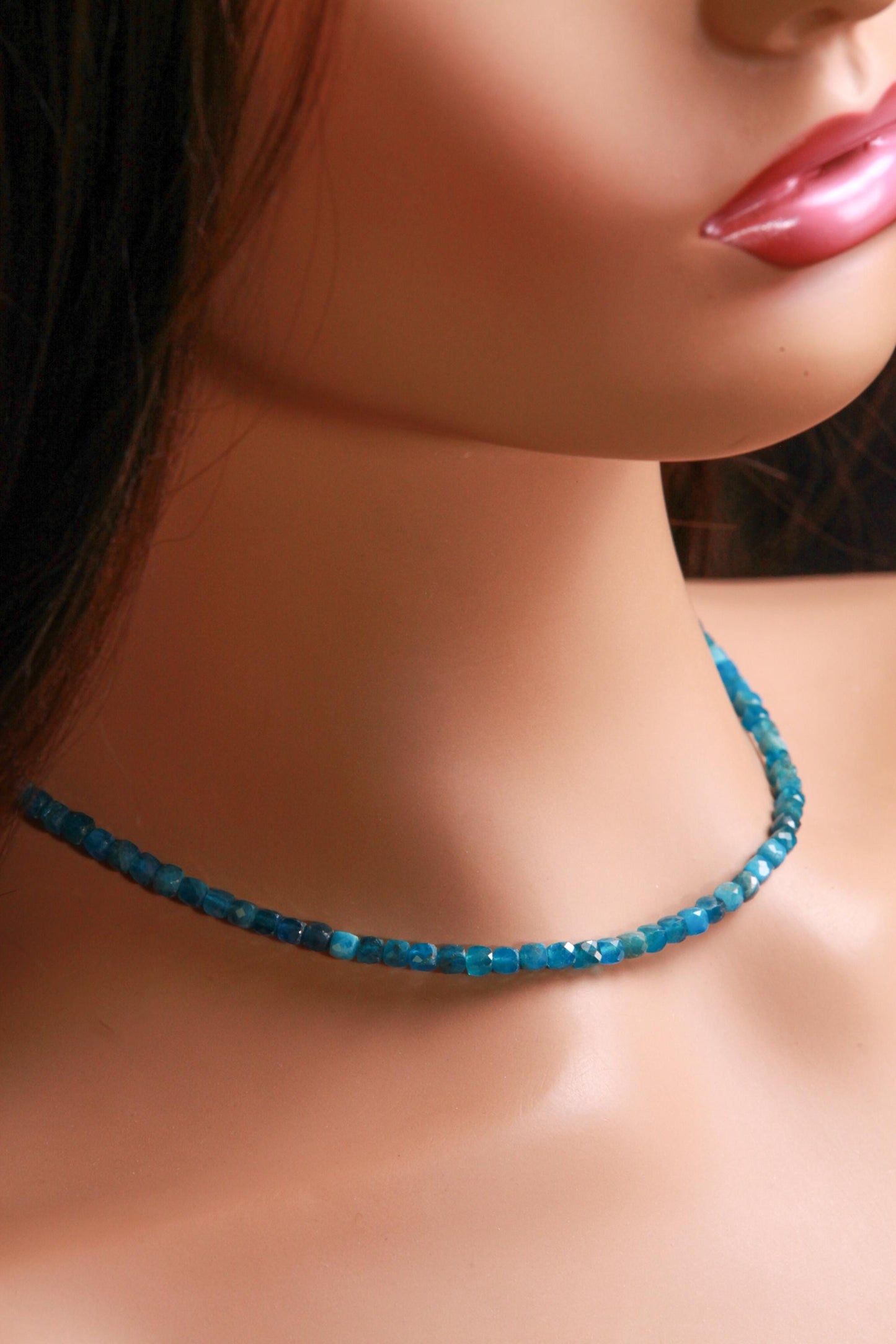 Natural Apatite 4mm Faceted Cube gemstone beaded necklace beautiful aqua neon blue beaded choker or layer necklace