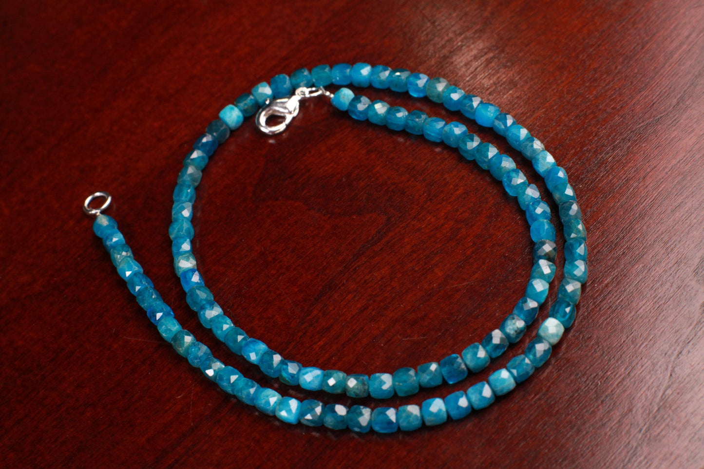 Natural Apatite 4mm Faceted Cube gemstone beaded necklace beautiful aqua neon blue beaded choker or layer necklace