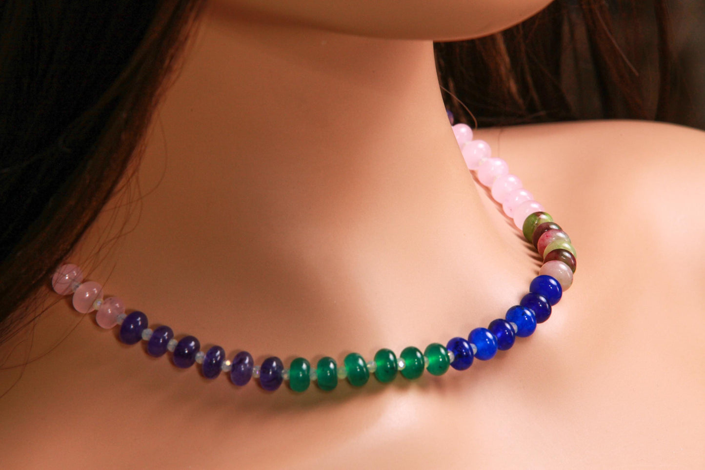 Multi color gemstone 8mm smooth Roundel Rainbow Necklace Rhodium Silver Clasp. Summer jewelry