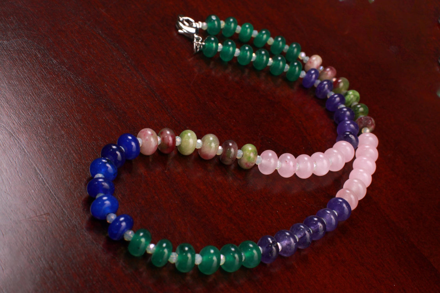 Multi color gemstone 8mm smooth Roundel Rainbow Necklace Rhodium Silver Clasp. Summer jewelry