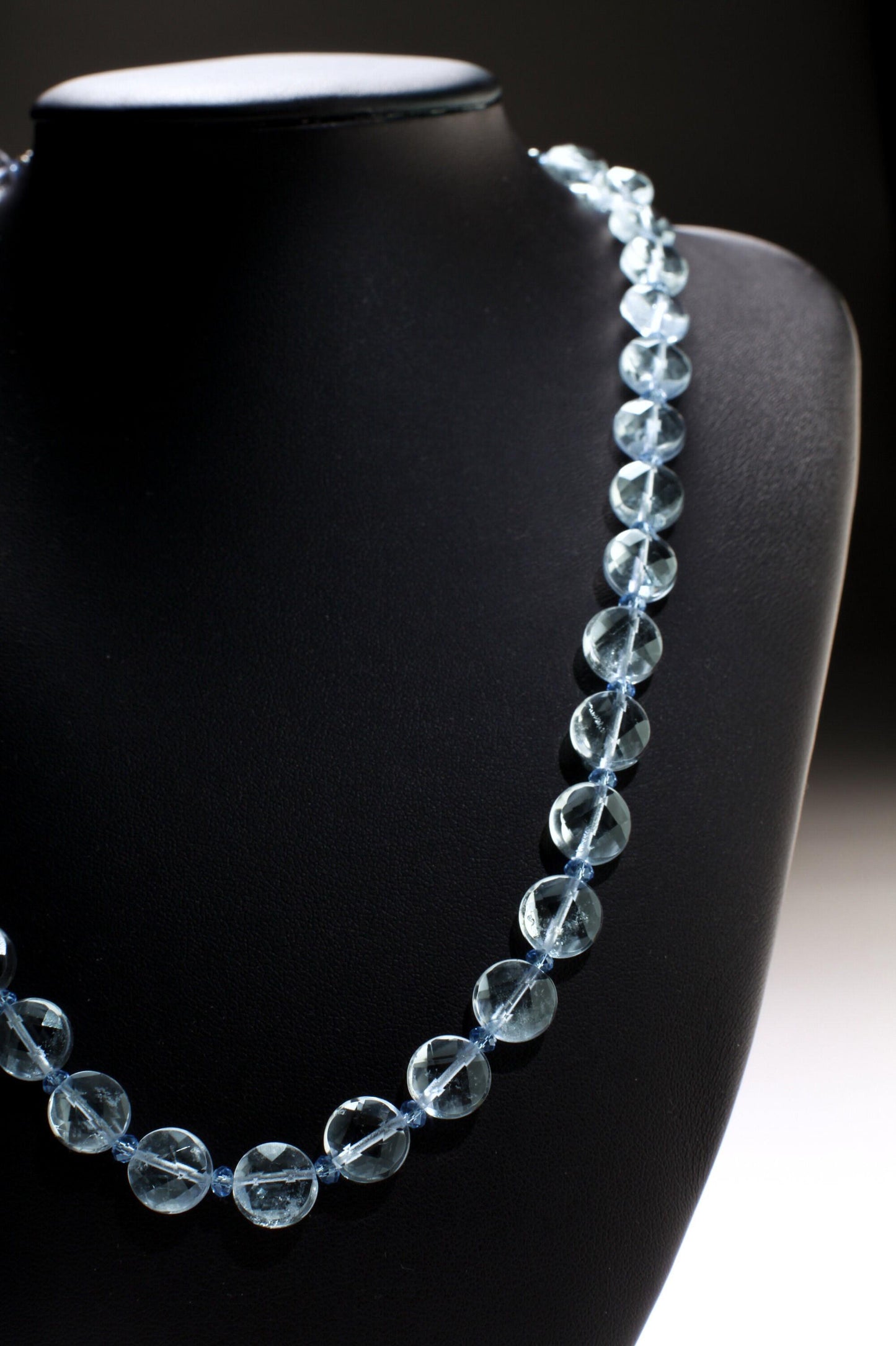 Aquamarine Quartz Faceted 10mm Coin Shape Accented with Crystal Spacers Beads 16” Necklace with 3" Extension Chain