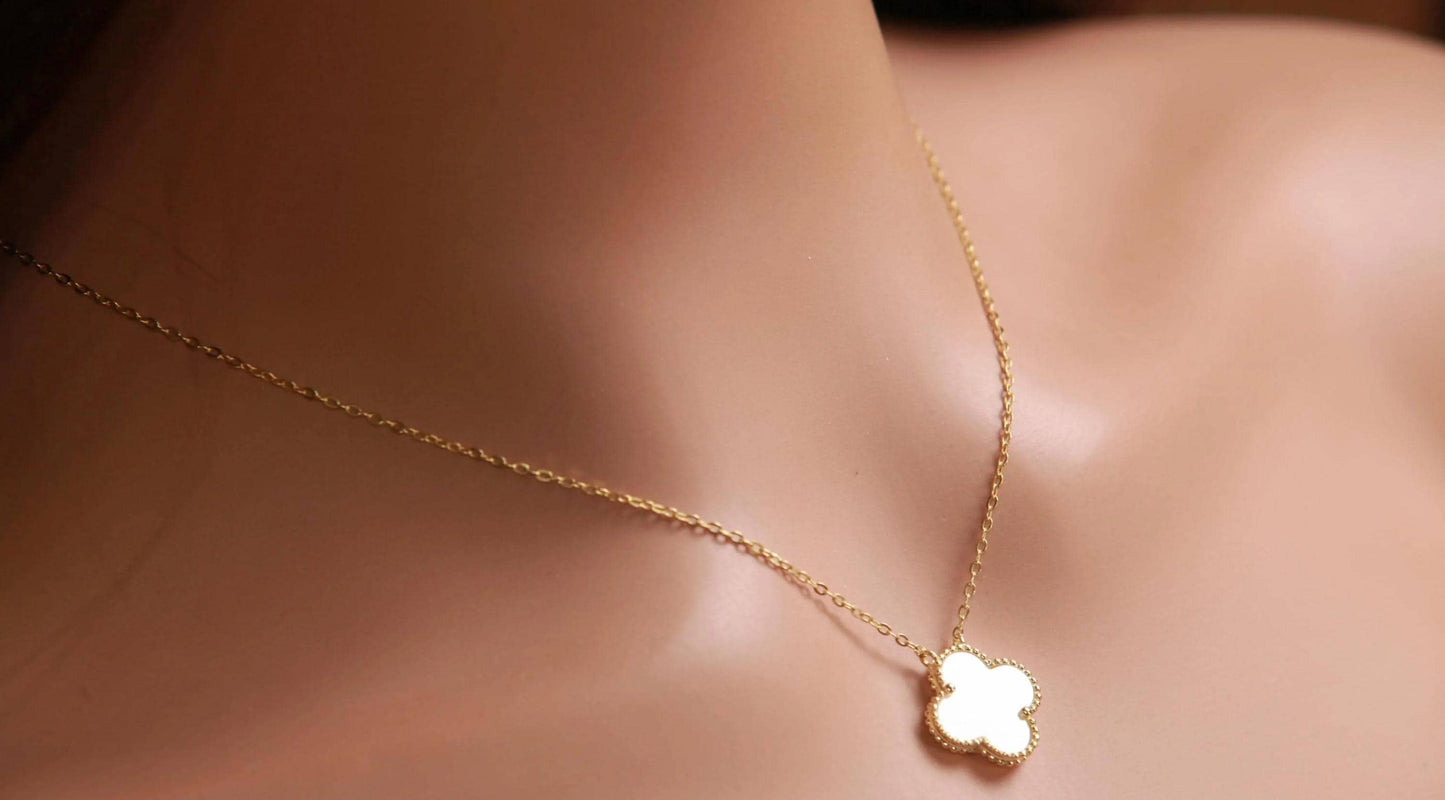 22K Gold Vermeil Sterling Silver White Mother of Pearl Double Sided 16mm four leaf Flower Charm 16” extend to 17” and 18” Necklace, Love