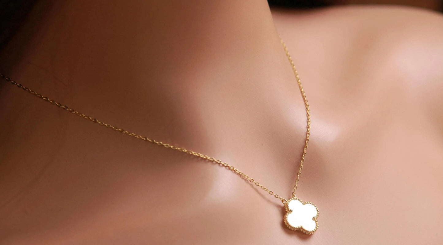 22K Gold Vermeil Sterling Silver White Mother of Pearl Double Sided 16mm four leaf Flower Charm 16” extend to 17” and 18” Necklace, Love