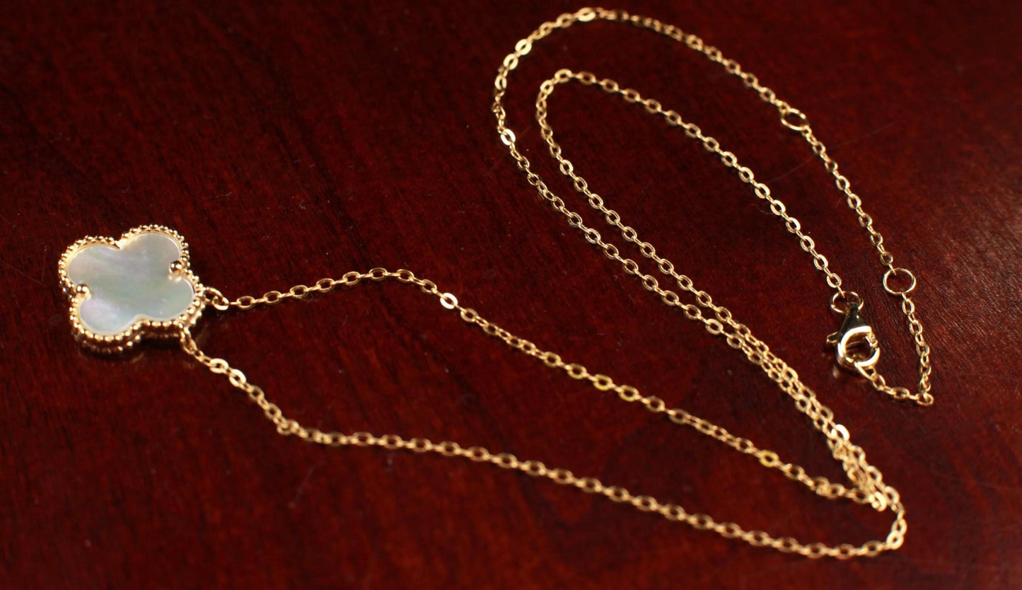 22K Gold Vermeil Sterling Silver White Mother of Pearl Double Sided 16mm four leaf Flower Charm 16” extend to 17” and 18” Necklace, Love
