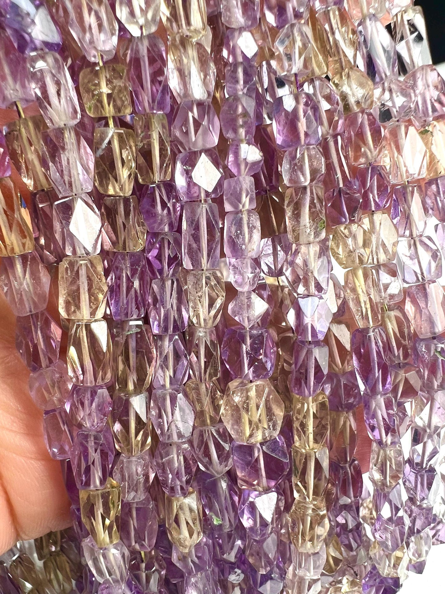 Natural Ametrine Faceted octagon reactangular cube shape 5-7mm Purple Yellow Middle Drilled Beads 6.5” Strand