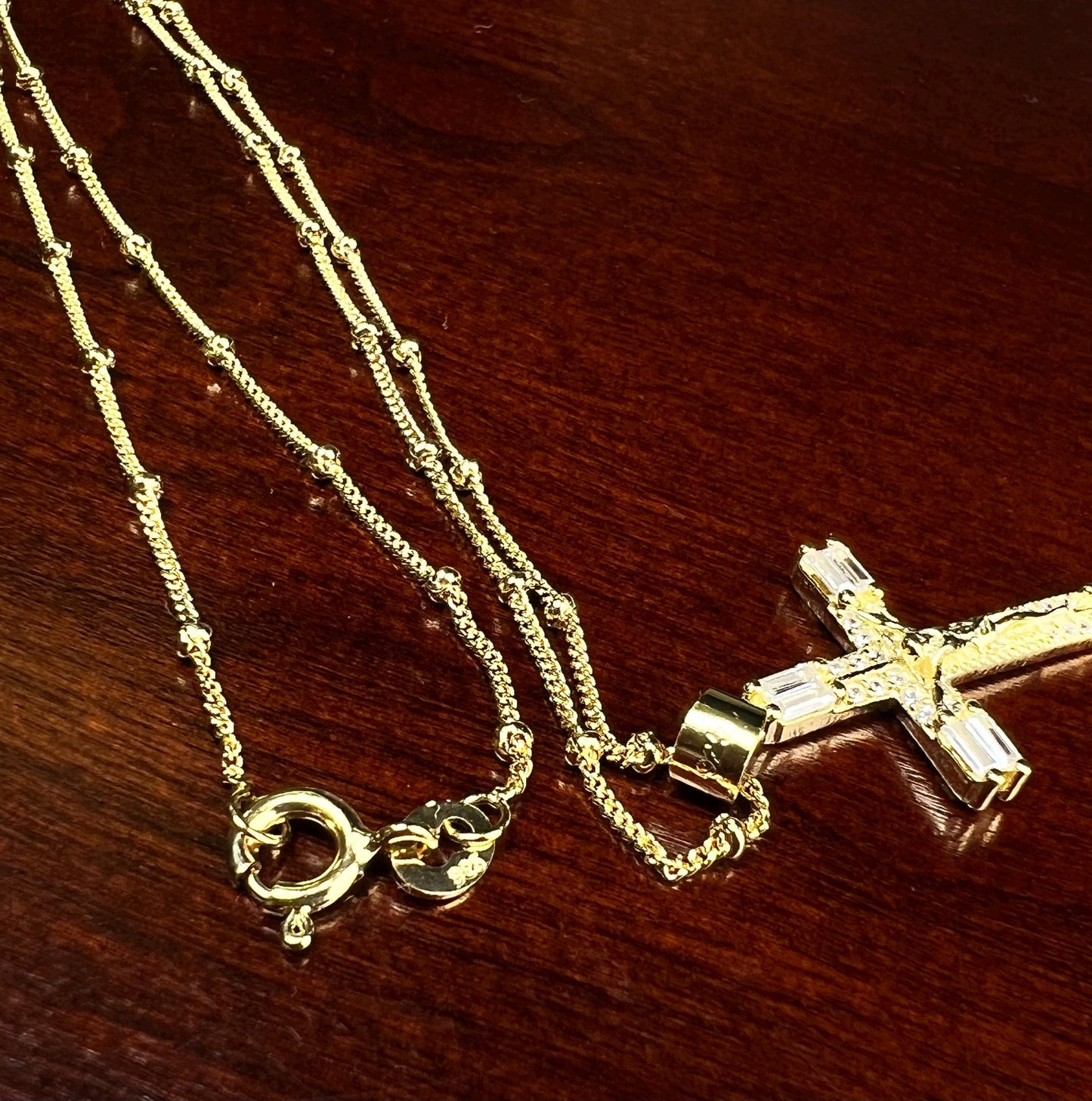 18k Gold Vermeil over 925 Sterling Silver Cubic Zirconia CZ Diamonnd baguette setting Cross Pendant Necklace 925 stamped