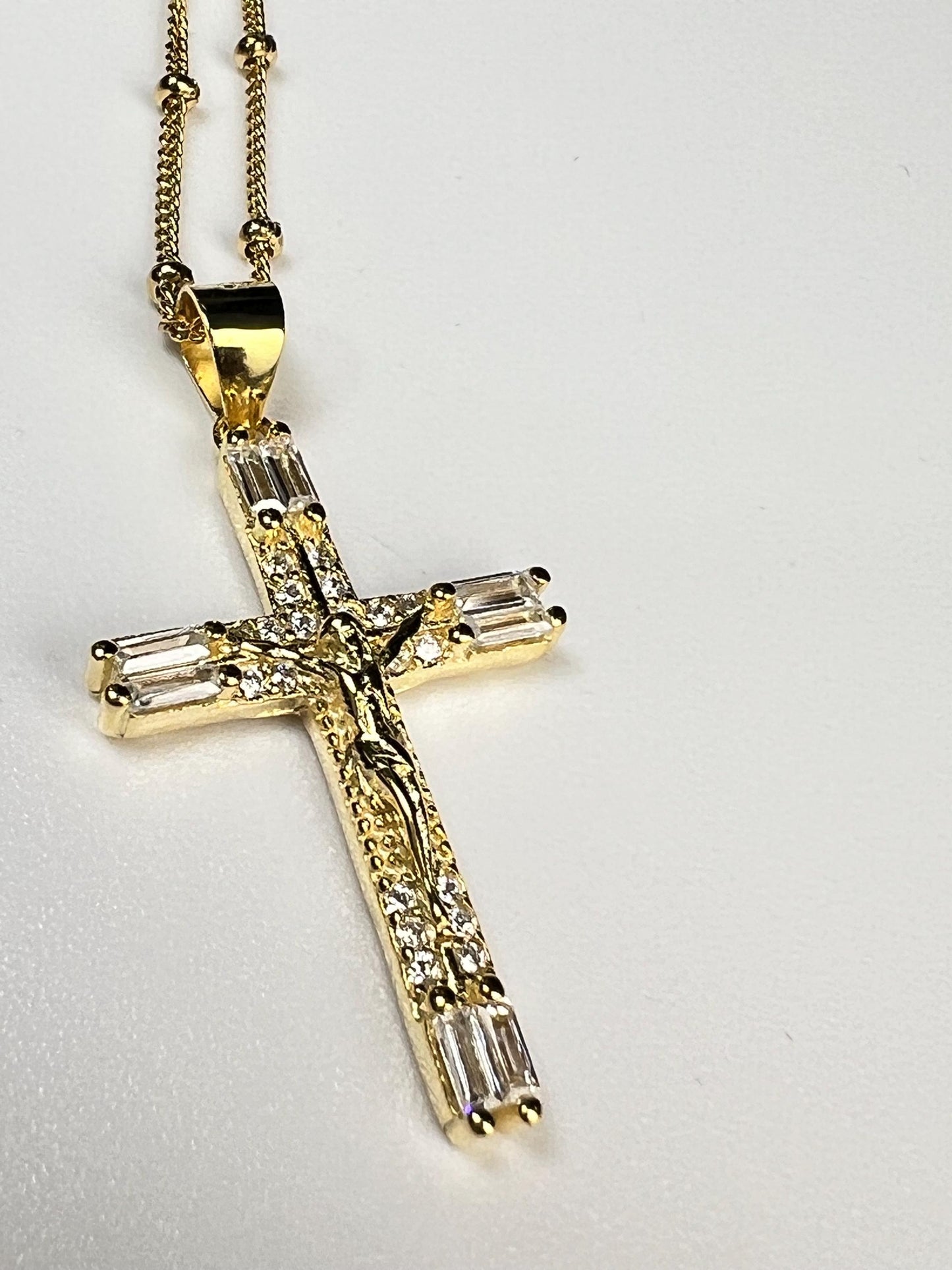 18k Gold Vermeil over 925 Sterling Silver Cubic Zirconia CZ Diamonnd baguette setting Cross Pendant Necklace 925 stamped