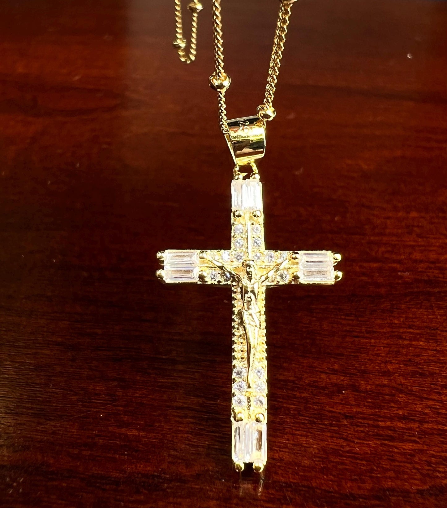 18k Gold Vermeil over 925 Sterling Silver Cubic Zirconia CZ Diamonnd baguette setting Cross Pendant Necklace 925 stamped