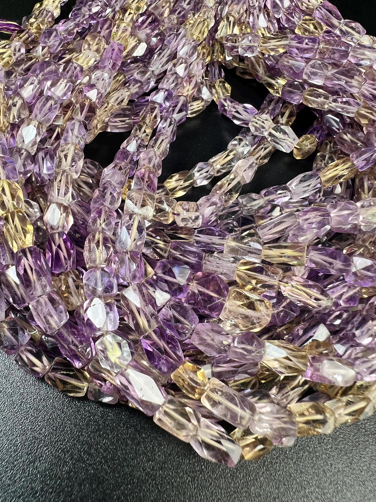 Natural Ametrine Faceted octagon reactangular cube shape 5-7mm Purple Yellow Middle Drilled Beads 6.5” Strand