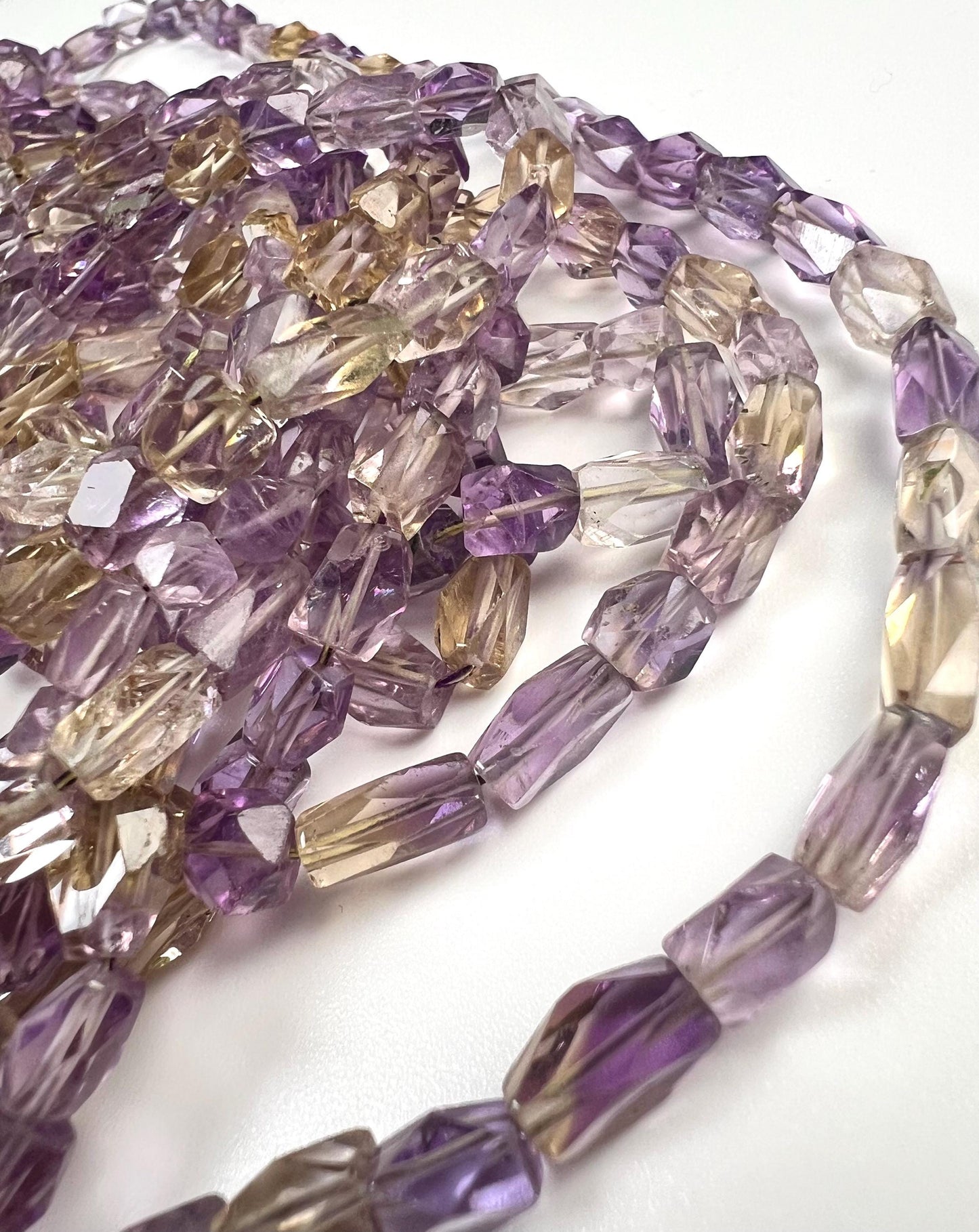 Natural Ametrine Faceted octagon reactangular cube shape 5-7mm Purple Yellow Middle Drilled Beads 6.5” Strand