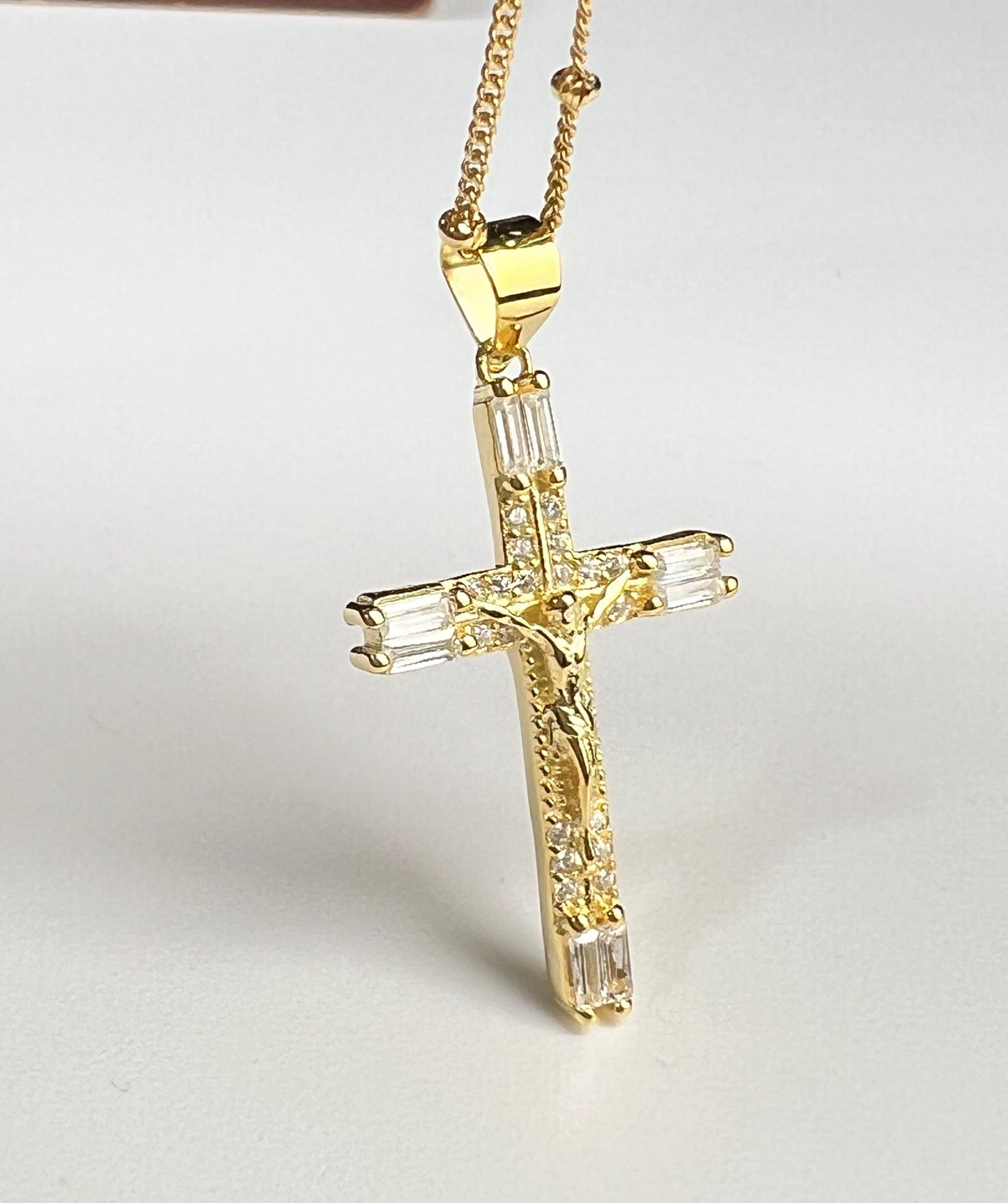 18k Gold Vermeil over 925 Sterling Silver Cubic Zirconia CZ Diamonnd baguette setting Cross Pendant Necklace 925 stamped