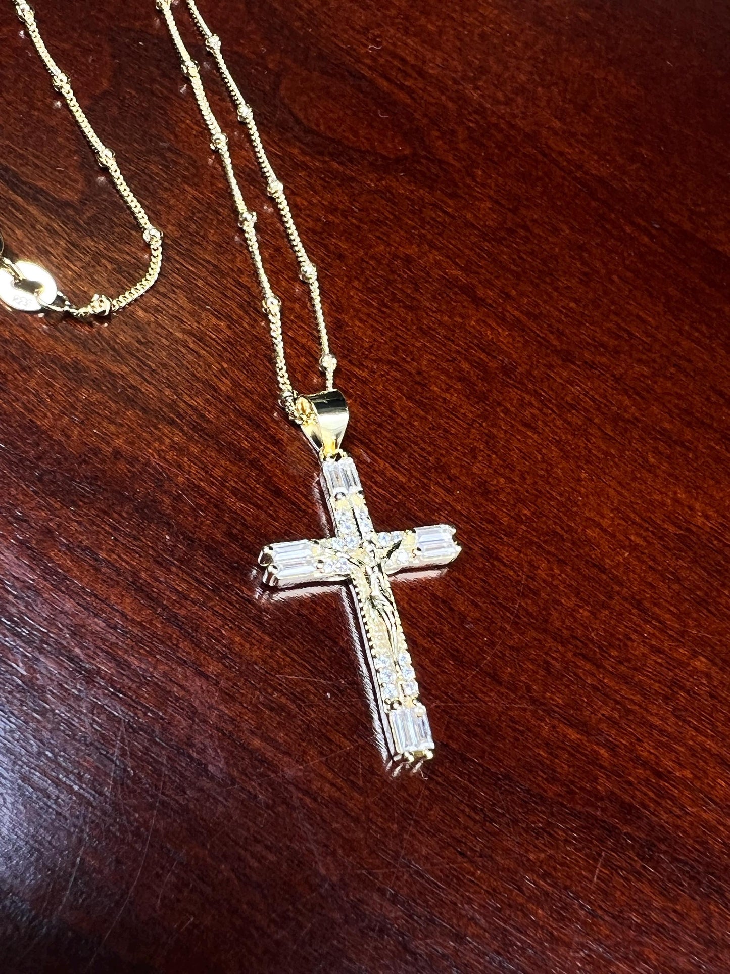 18k Gold Vermeil over 925 Sterling Silver Cubic Zirconia CZ Diamonnd baguette setting Cross Pendant Necklace 925 stamped