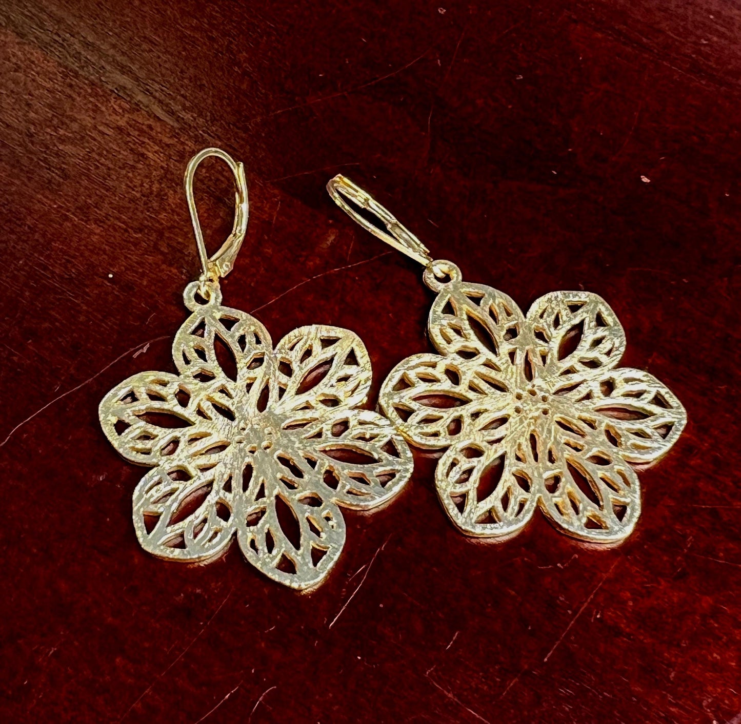 18k Gold Vermeil Bali brush gold Filigree flower 28x35mm Handmade Leverback Earrings, beautiful light yellow gold color Earrings, gift