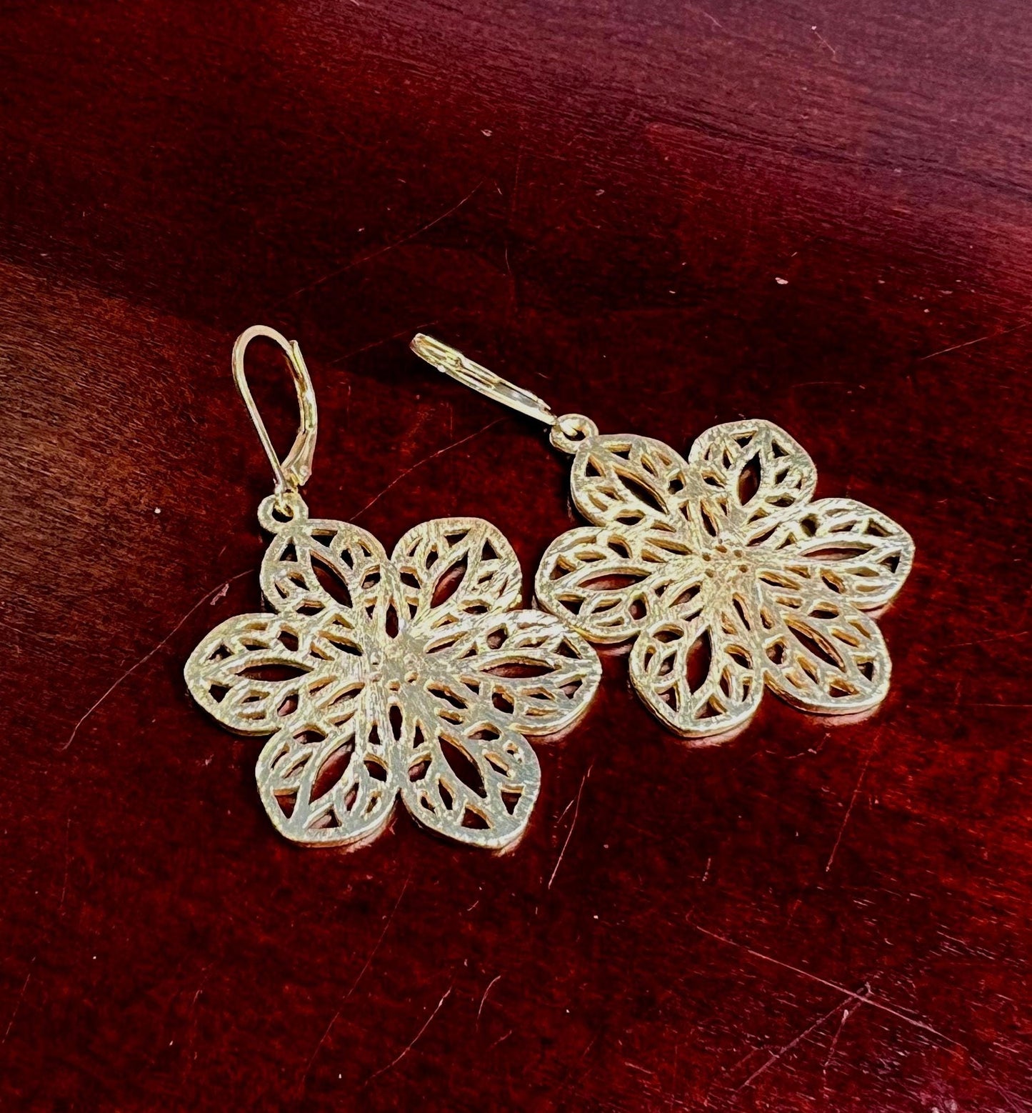 18k Gold Vermeil Bali brush gold Filigree flower 28x35mm Handmade Leverback Earrings, beautiful light yellow gold color Earrings, gift