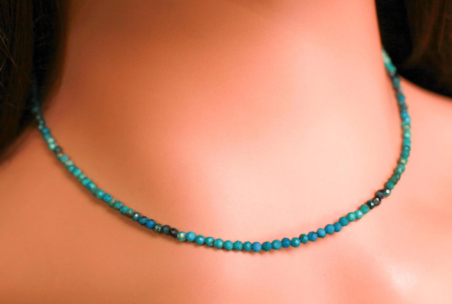 Natural Chrysocolla 2mm Faceted Round with 925 Sterling Silver, Choker Layering Elegant Necklace, Gift