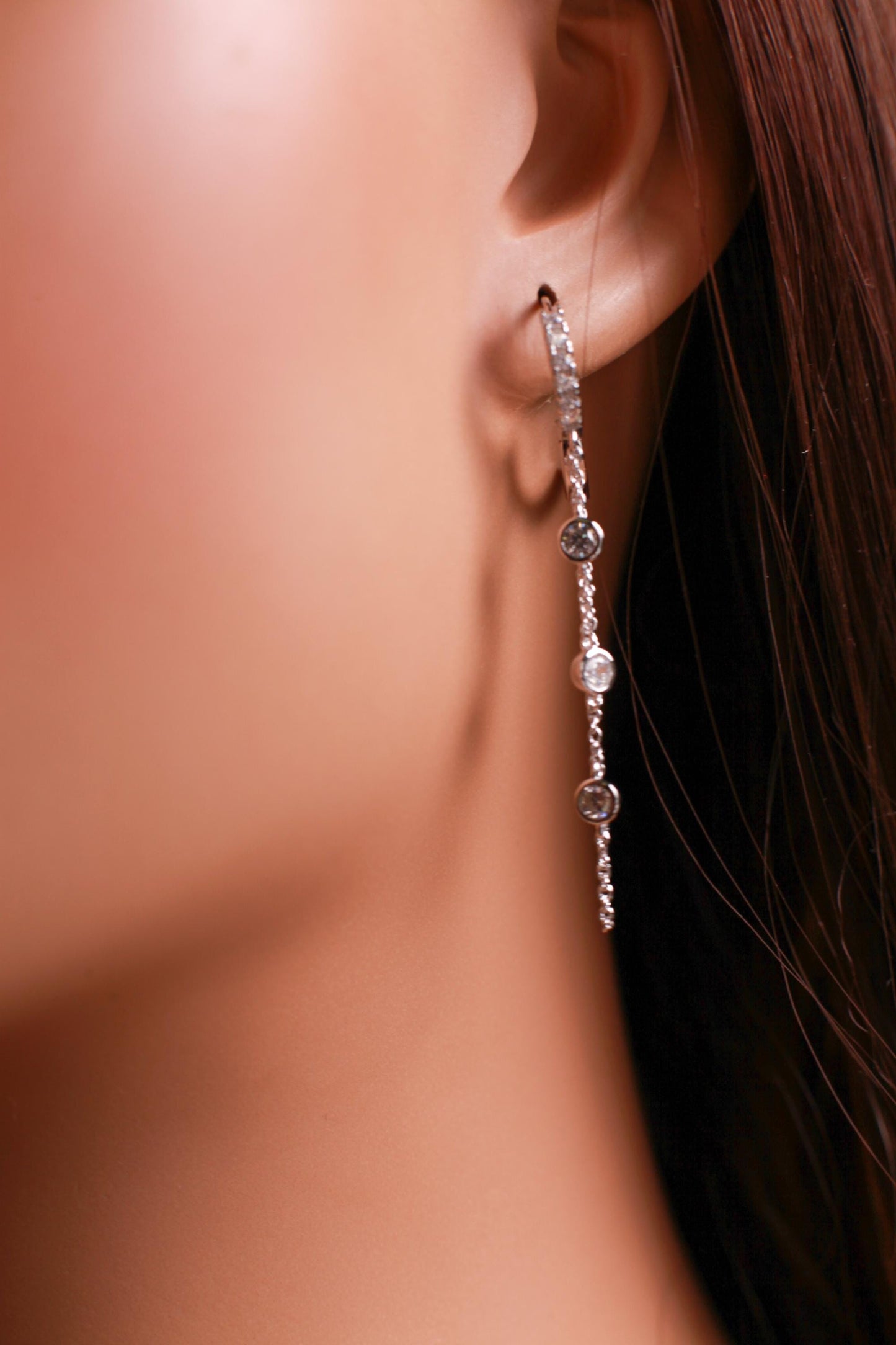 925 Sterling Silver CZ Diamond setting And 2 line chain dangling Huggie Hoop Earring, 925 stamped, beautiful Sterling Silver Earrings.