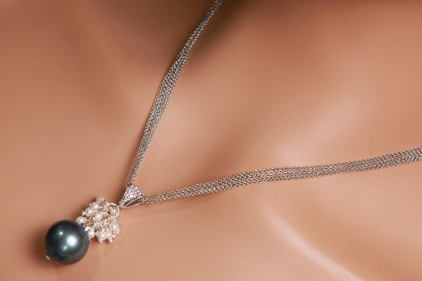 Teal Green 16mm South Sea Shell Pearl High Luster, 3mm White Freshwater Pearl Cluster, CZ Bail, 925 Sterling Silver Rhodium Finished Chain