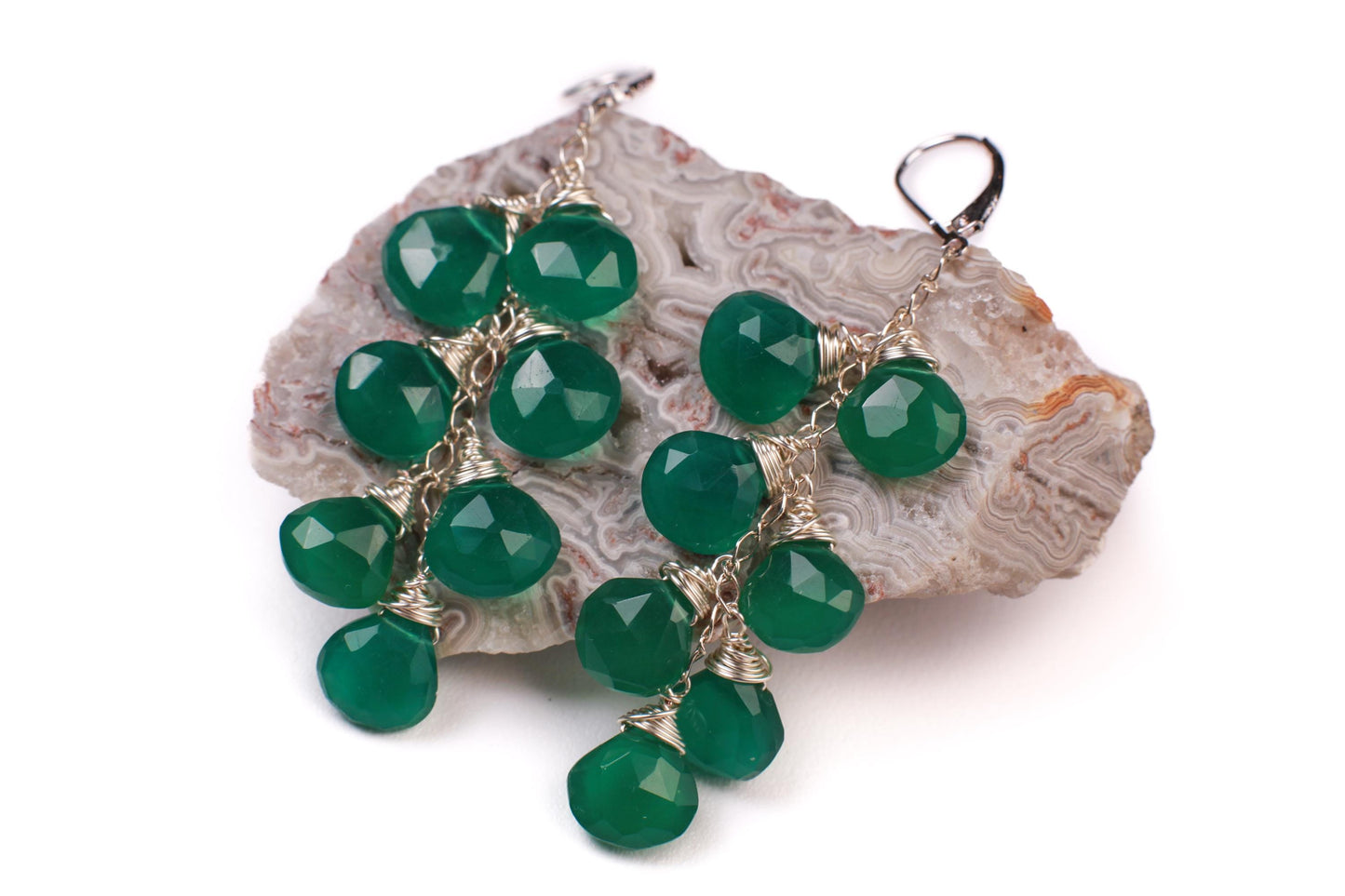 Natural Green Onyx Dangling Wire Wrapped Briolette Heart Earrings in 14K Gold Filled or 925 sterling silver, cascade earrings Handmade Gift