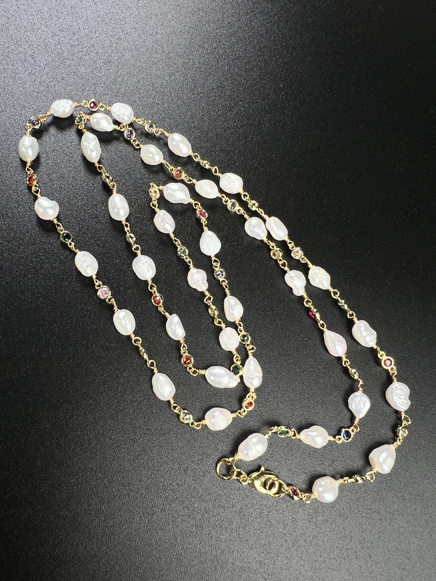 Natural Freshwater Pearl with ruby emerald Amethyst CZ diamond Spacer handmade 18k gold vermeil necklace